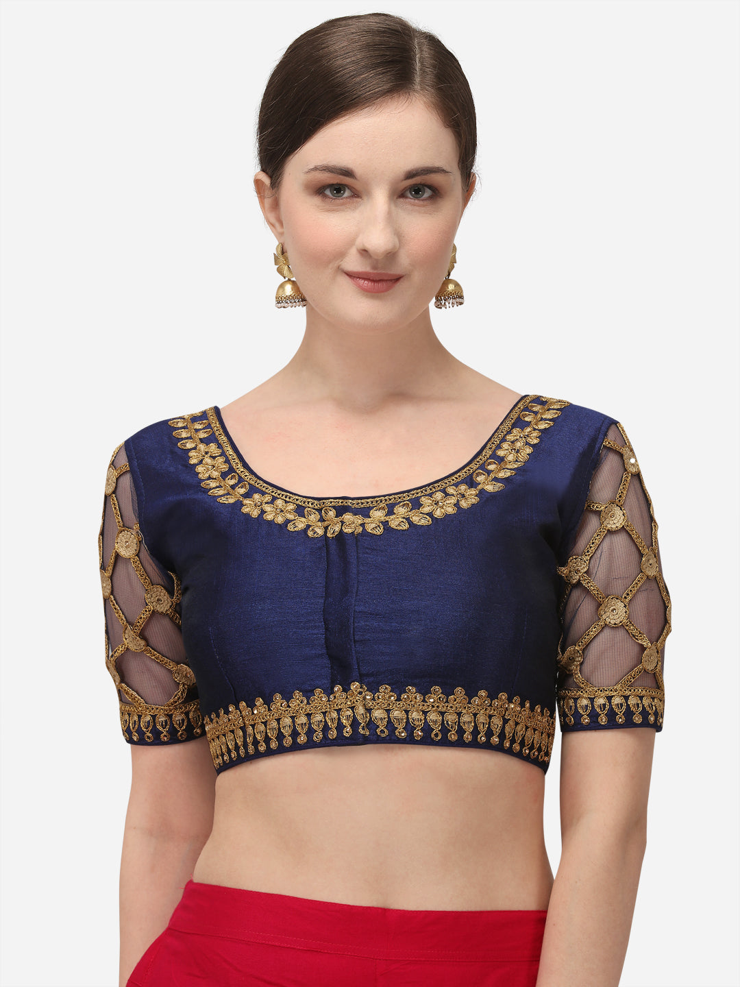 Glorious Navy Blue & Gold Color Embroidered Phantom Silk Blouse