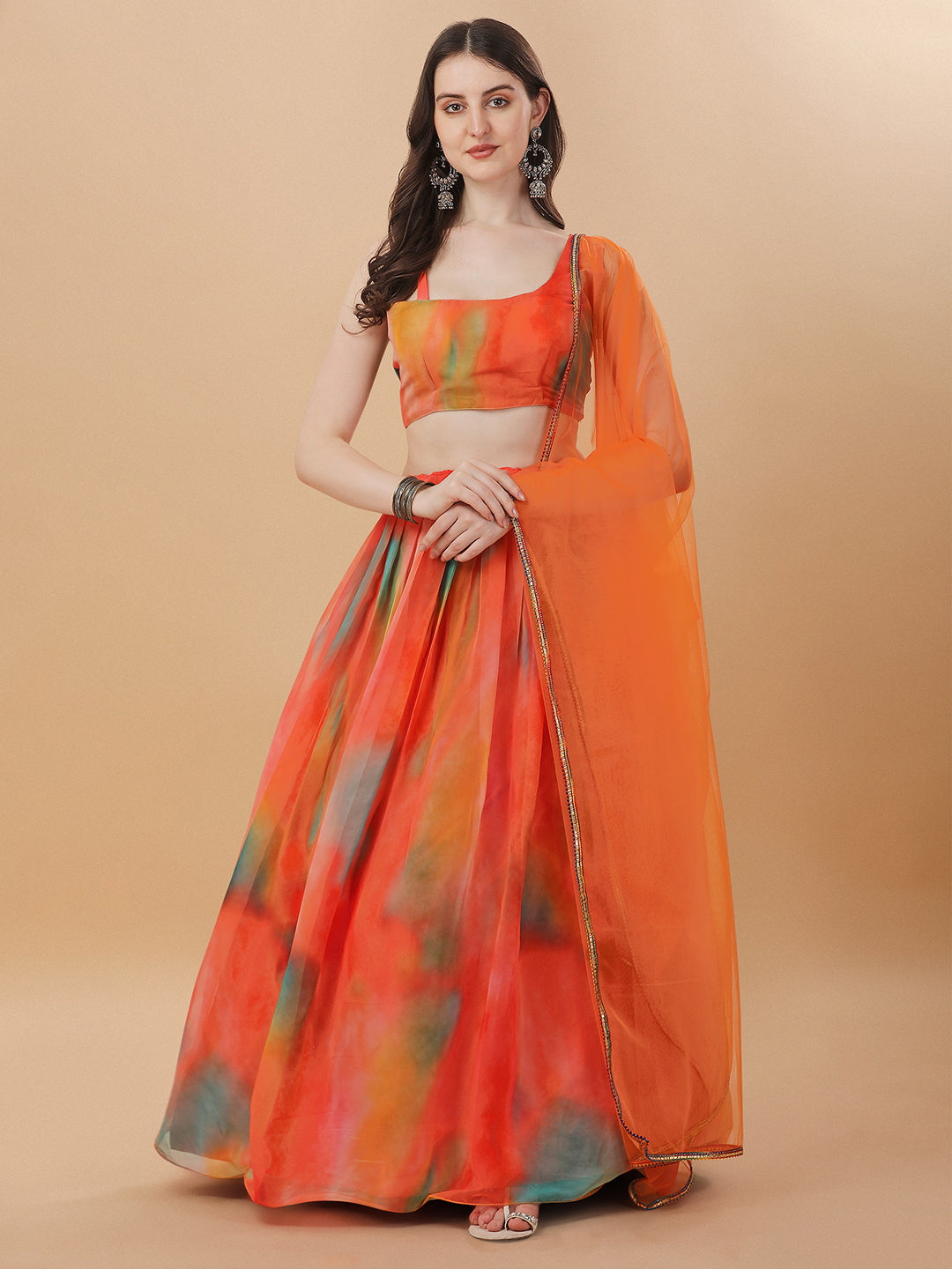 Fashionable Orange Color Printed Lehenga Choli