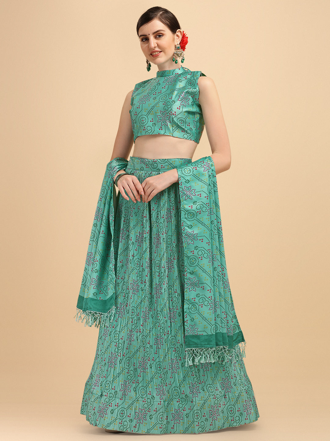 Digital Printed Turquoise Color Crushed Lehenga Choli