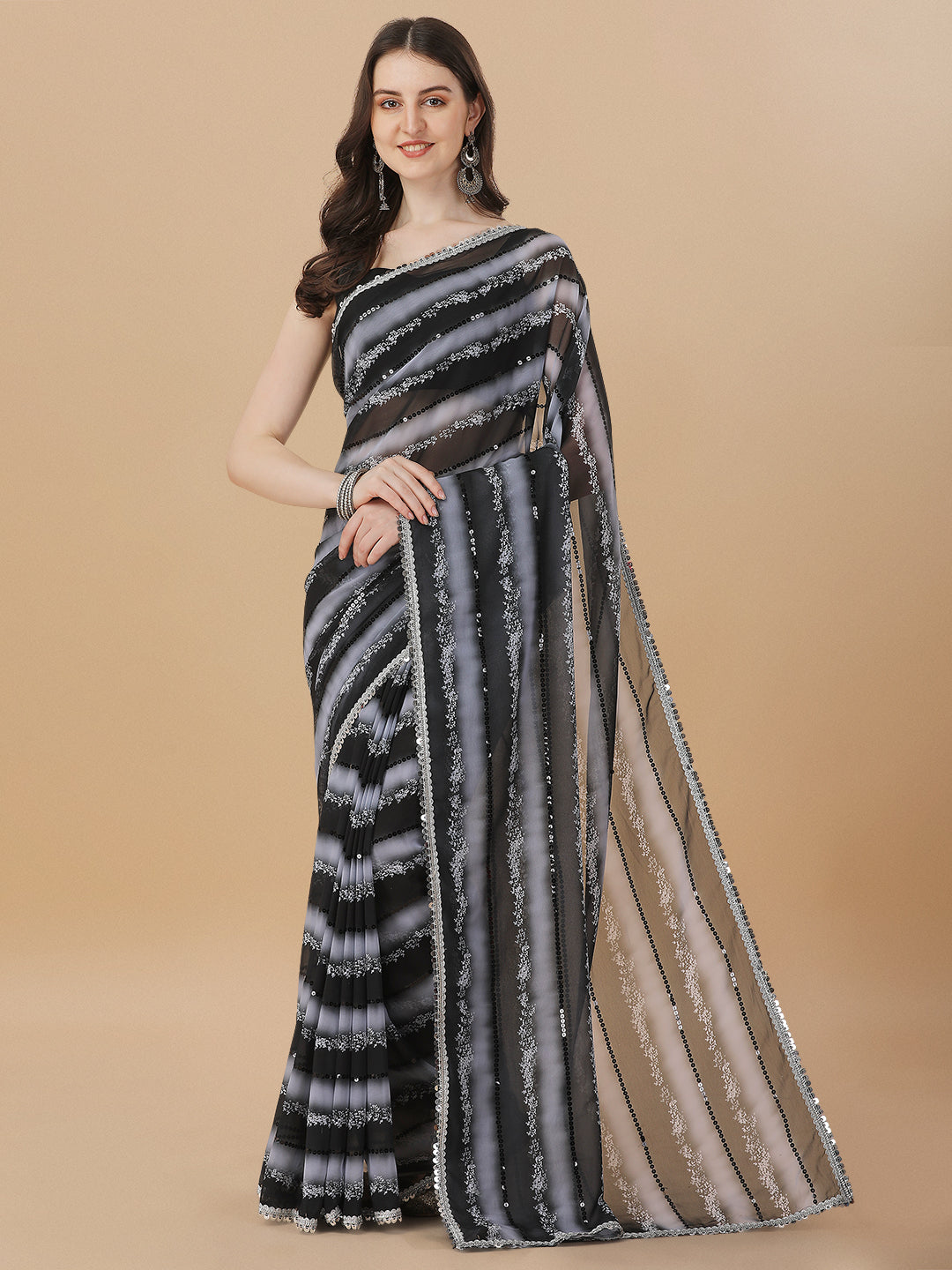 Black Color Sequence Work Printed Stylish Saree