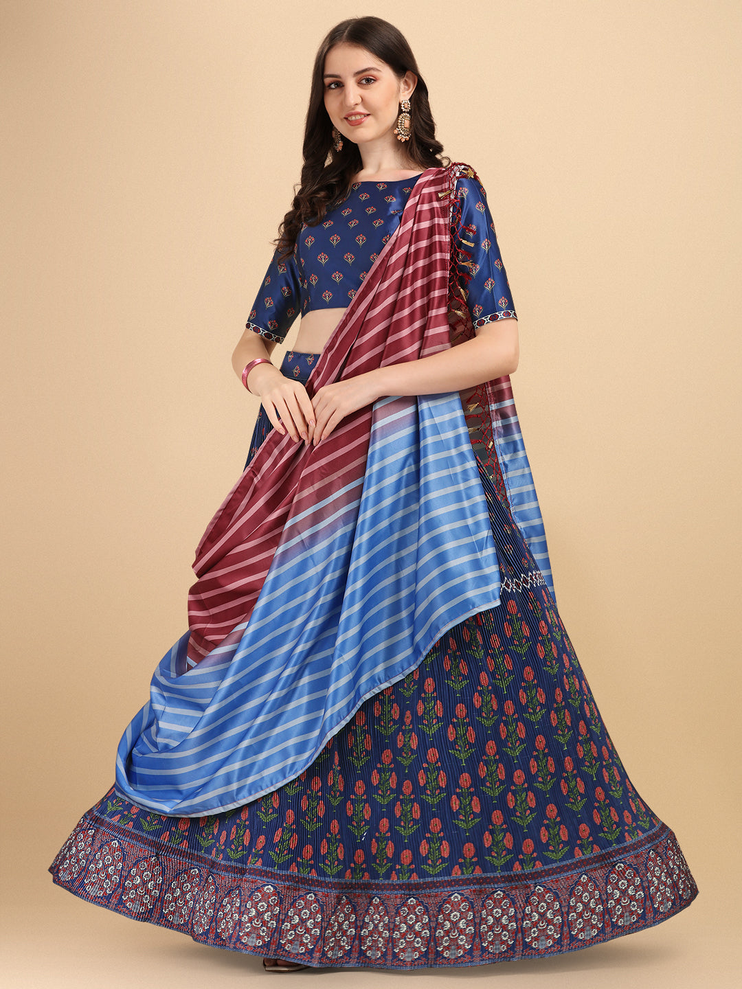 Stunning Navy Blue Color Digital Printed  Crushed Lehenga Choli