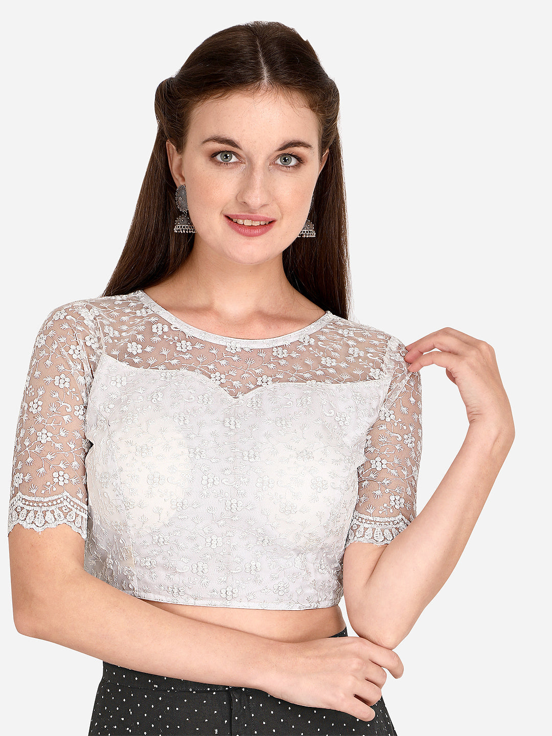 Beautiful White Color Embroidered & Sequence Work Net Blouse