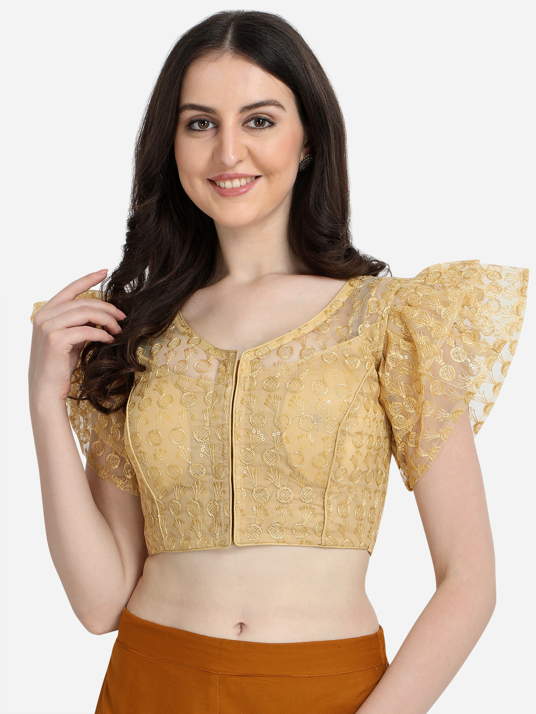 Ruffle Style Beige Color Sequence Work Readyblouse Blouse – vastracloth