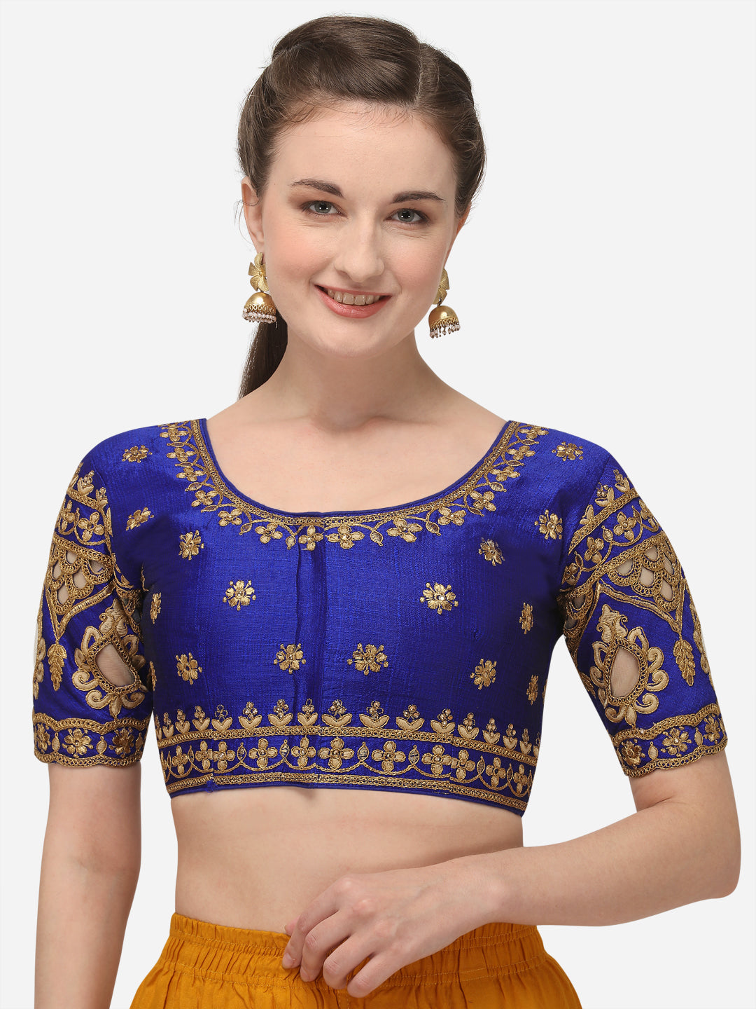 Exotic Blue Color Round Neck Embroidery Work Silk Blouse