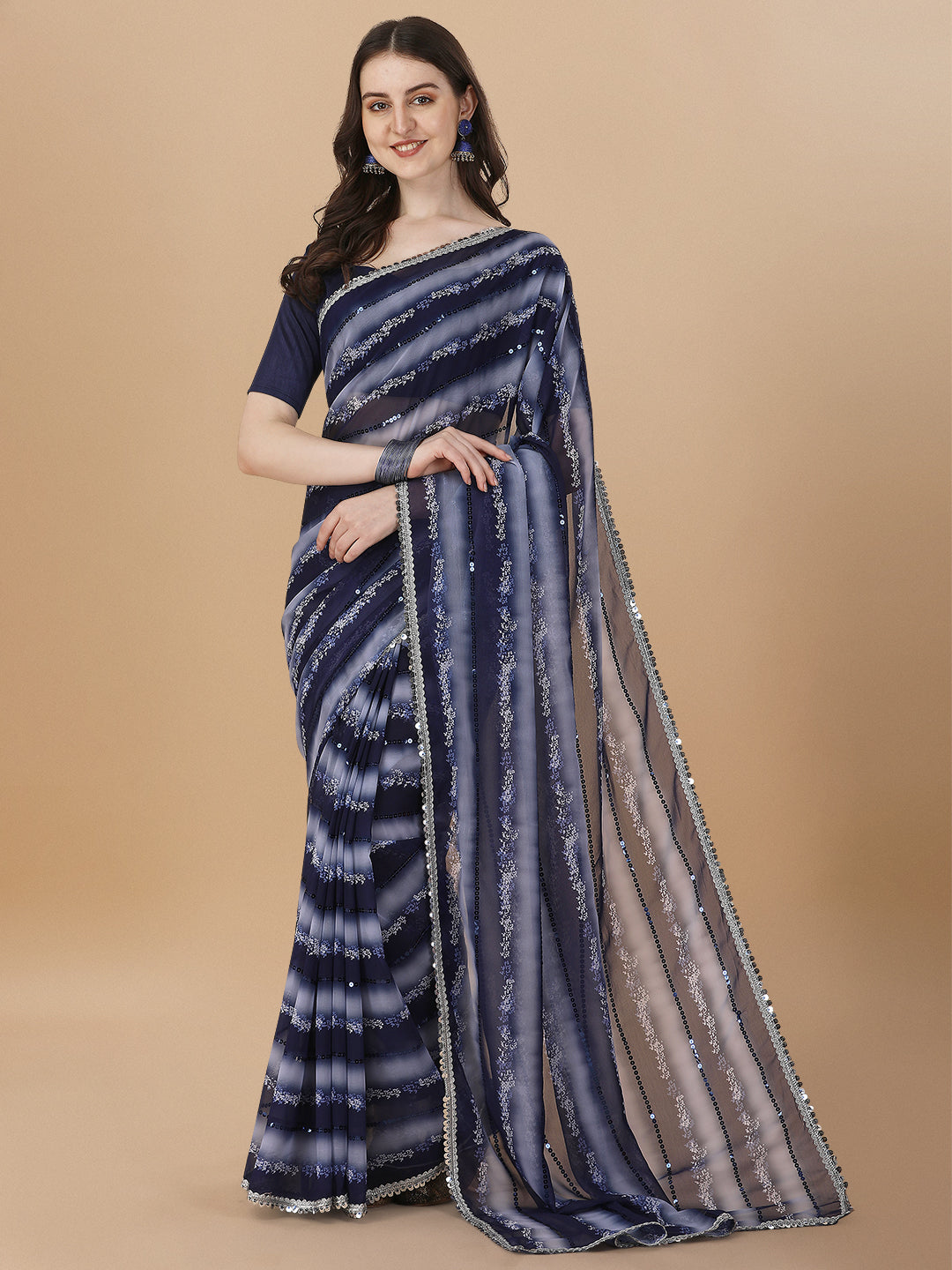 Navy Blue Color Sequence Work Printed Stylish Saree