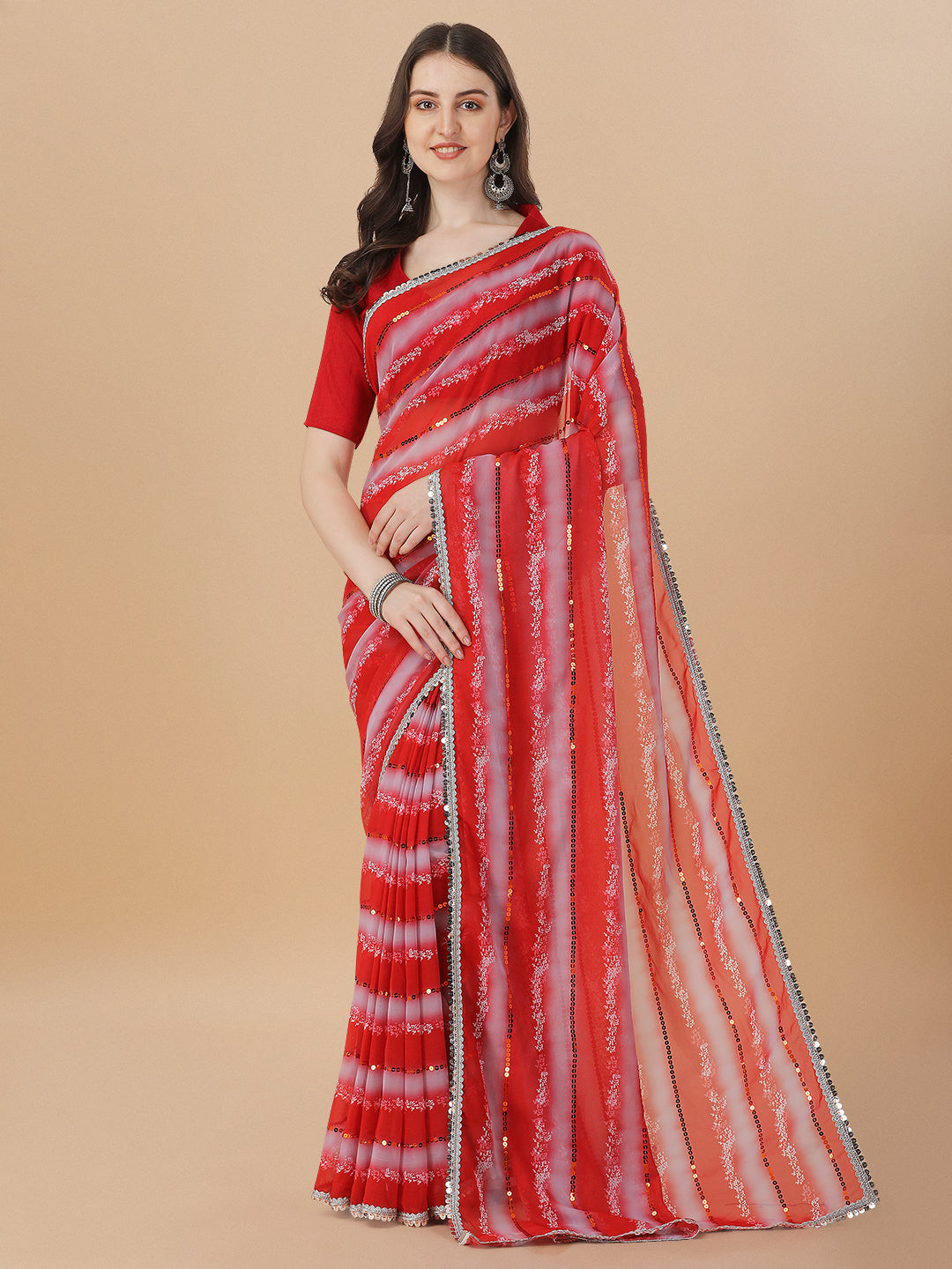 Red Color Sequence Work Printed Stylish Saree