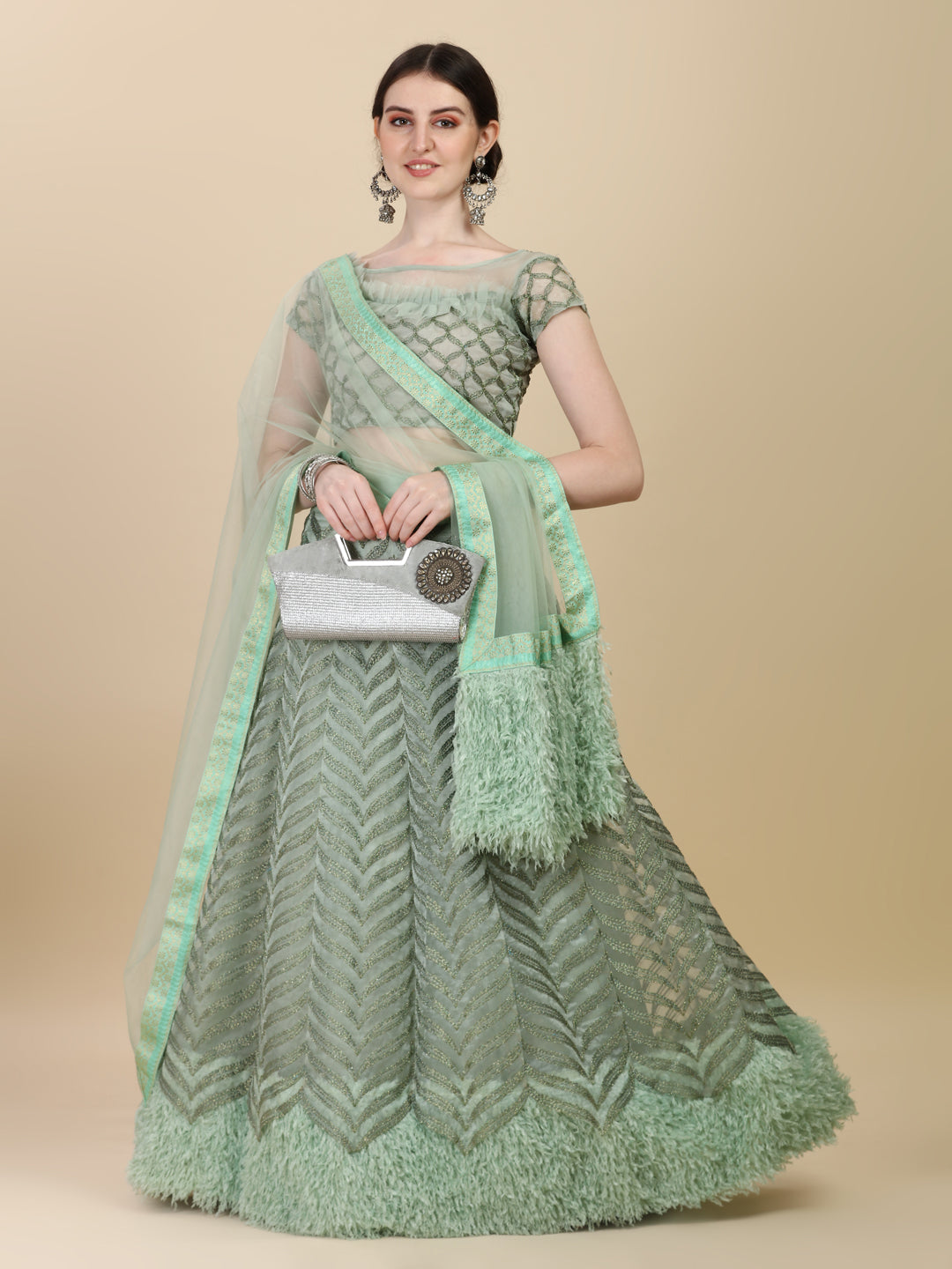 Fancy Dusty Green Color Designer Net And Fur Lehenga Choli