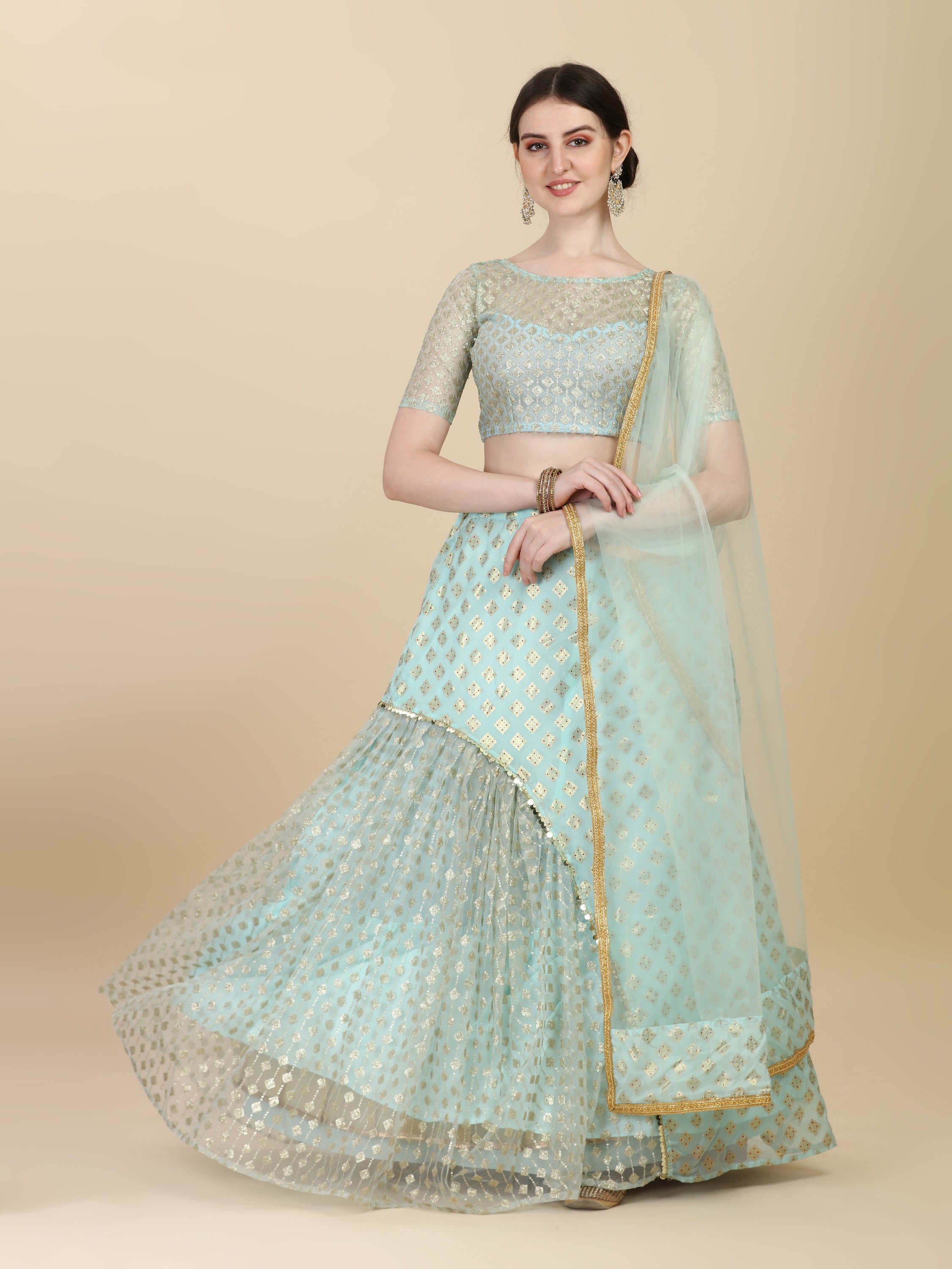 Ruffle Style Sky Blue Color Chinon Satin With Net Lehenga Choli