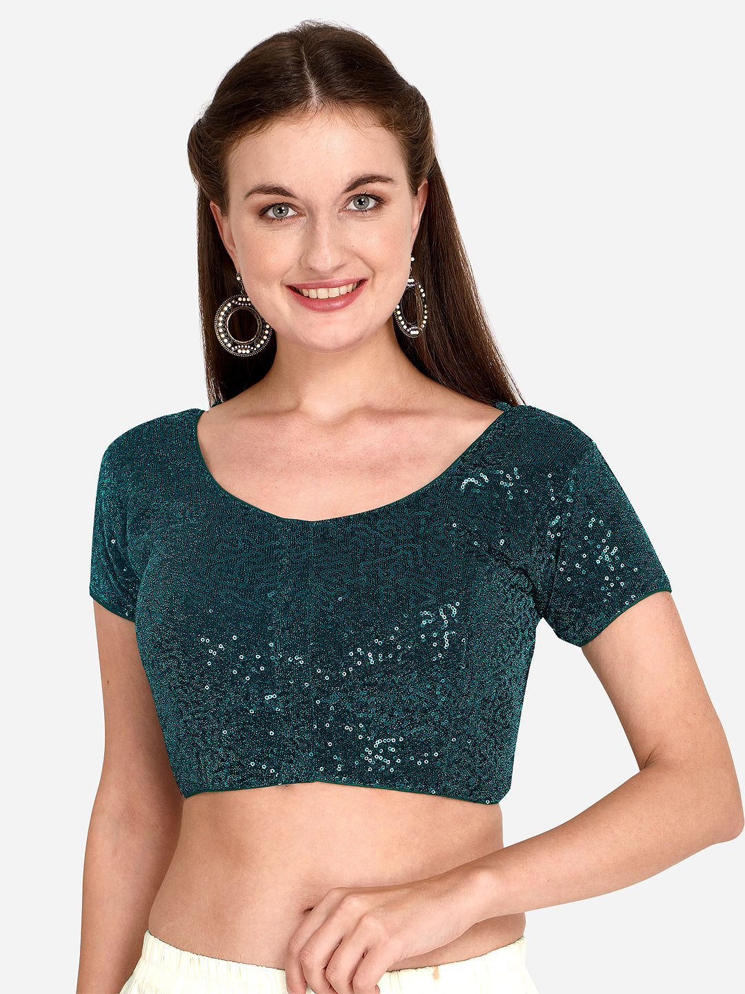 Classy Round Neck Sequence Work Green Color Net Blouse