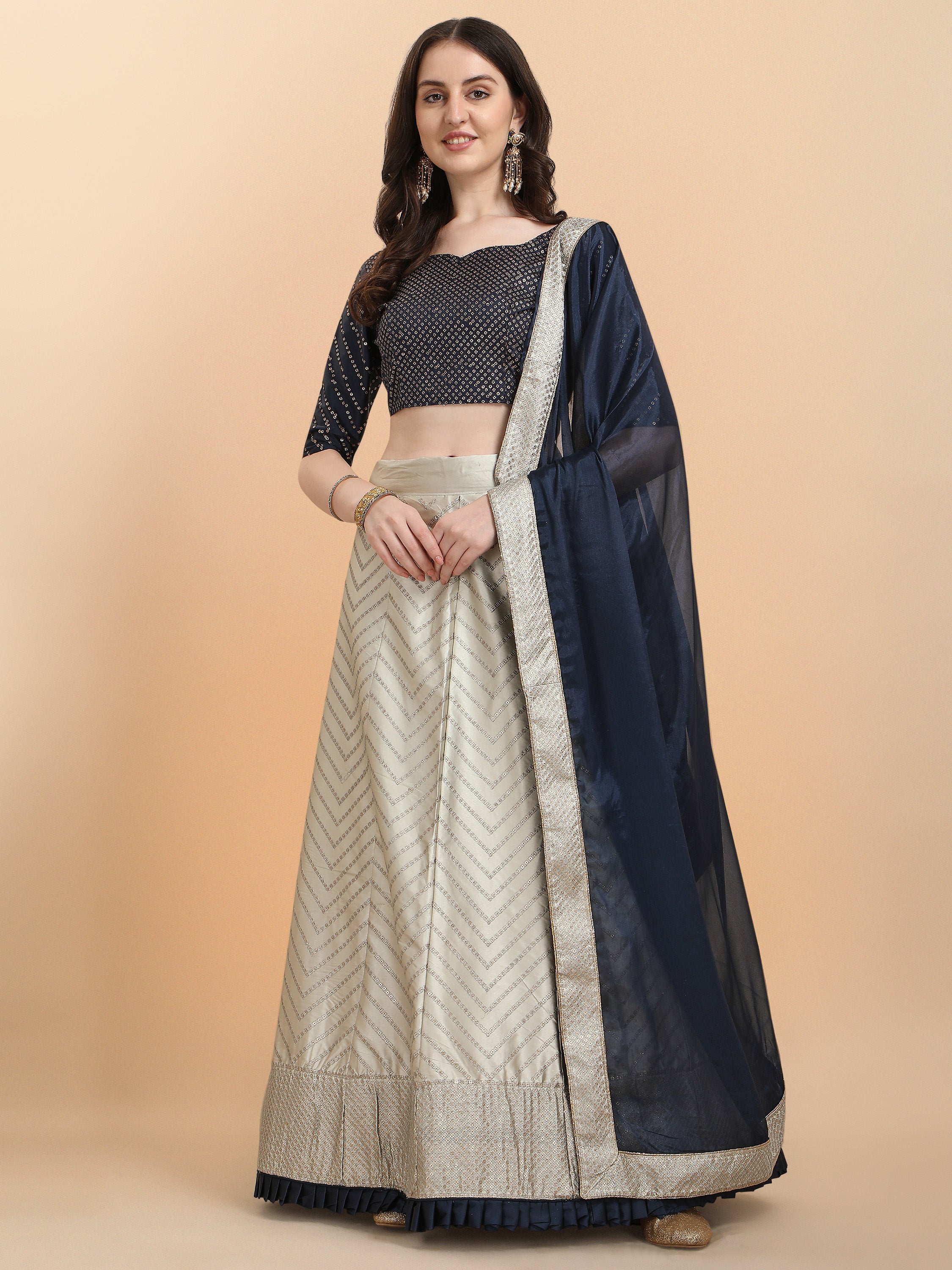 Beige With Navy Blue Color Sequence Work Satin Silk Lehenga Choli