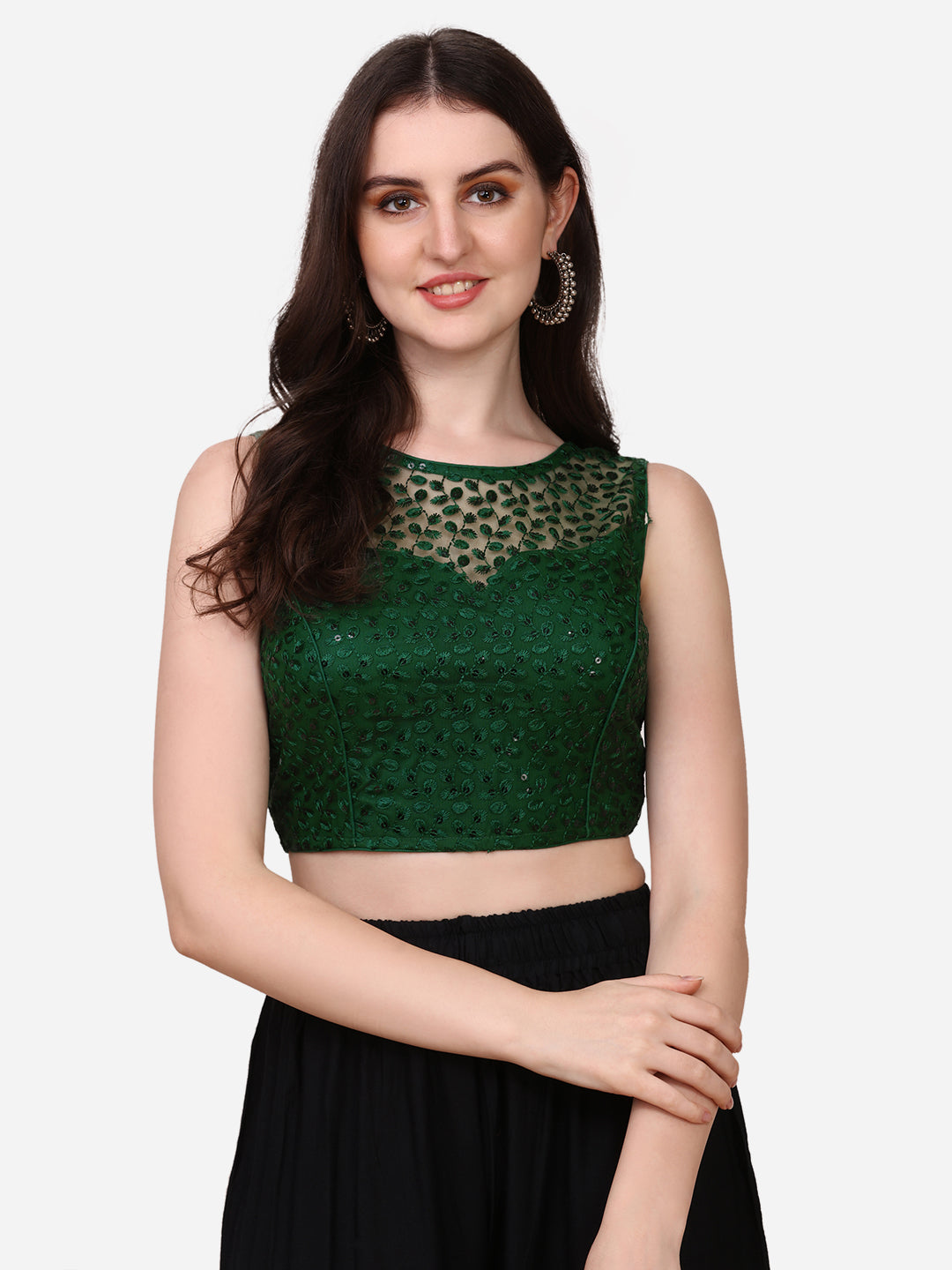 Exclusive Sequence & Embroidered Work Green Color Net Blouse