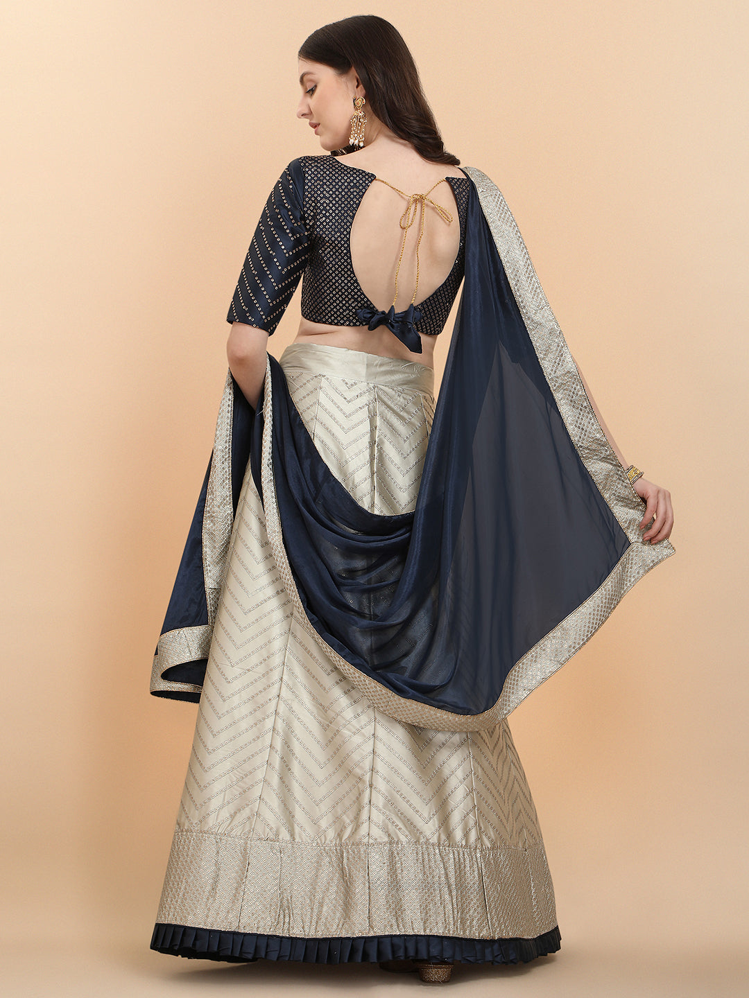 Beige With Navy Blue Color Sequence Work Satin Silk Lehenga Choli