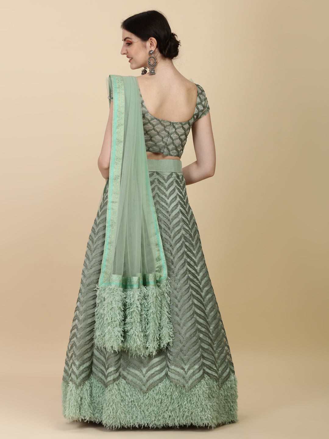 Fancy Dusty Green Color Designer Net And Fur Lehenga Choli