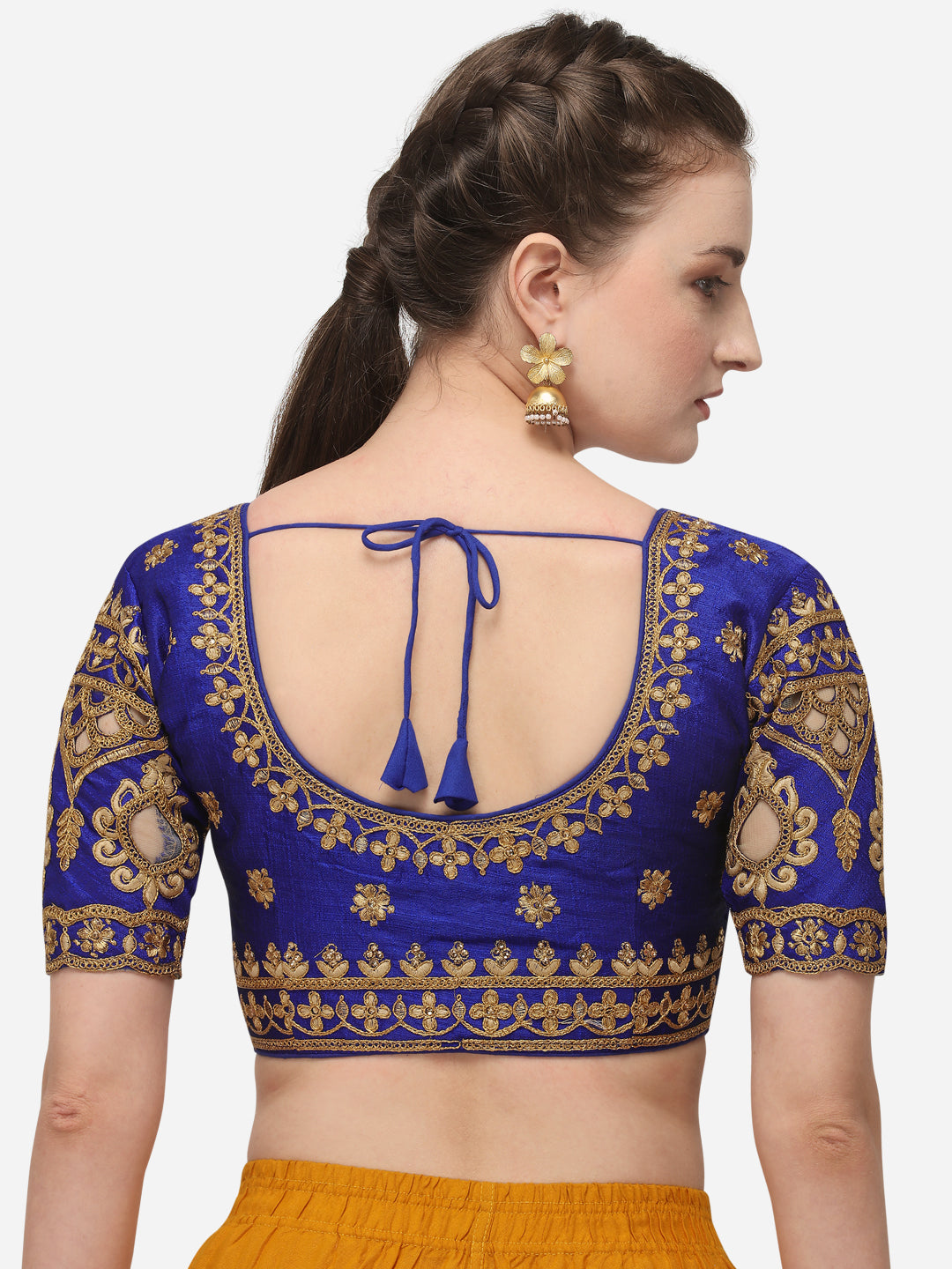 Exotic Blue Color Round Neck Embroidery Work Silk Blouse