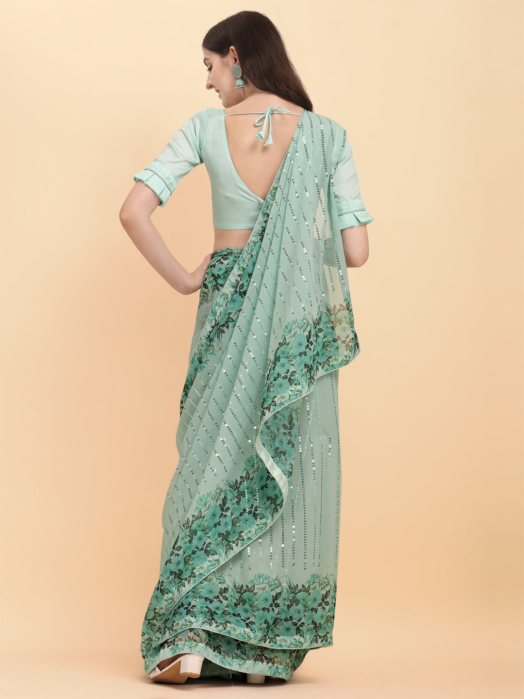 Pista Color Sequence Work Party Wear Saree