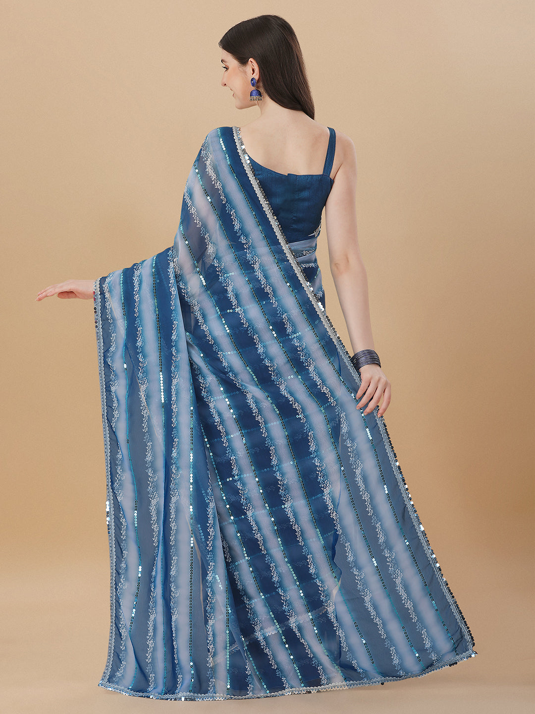 Blue Color Sequence Work Printed Stylish Saree
