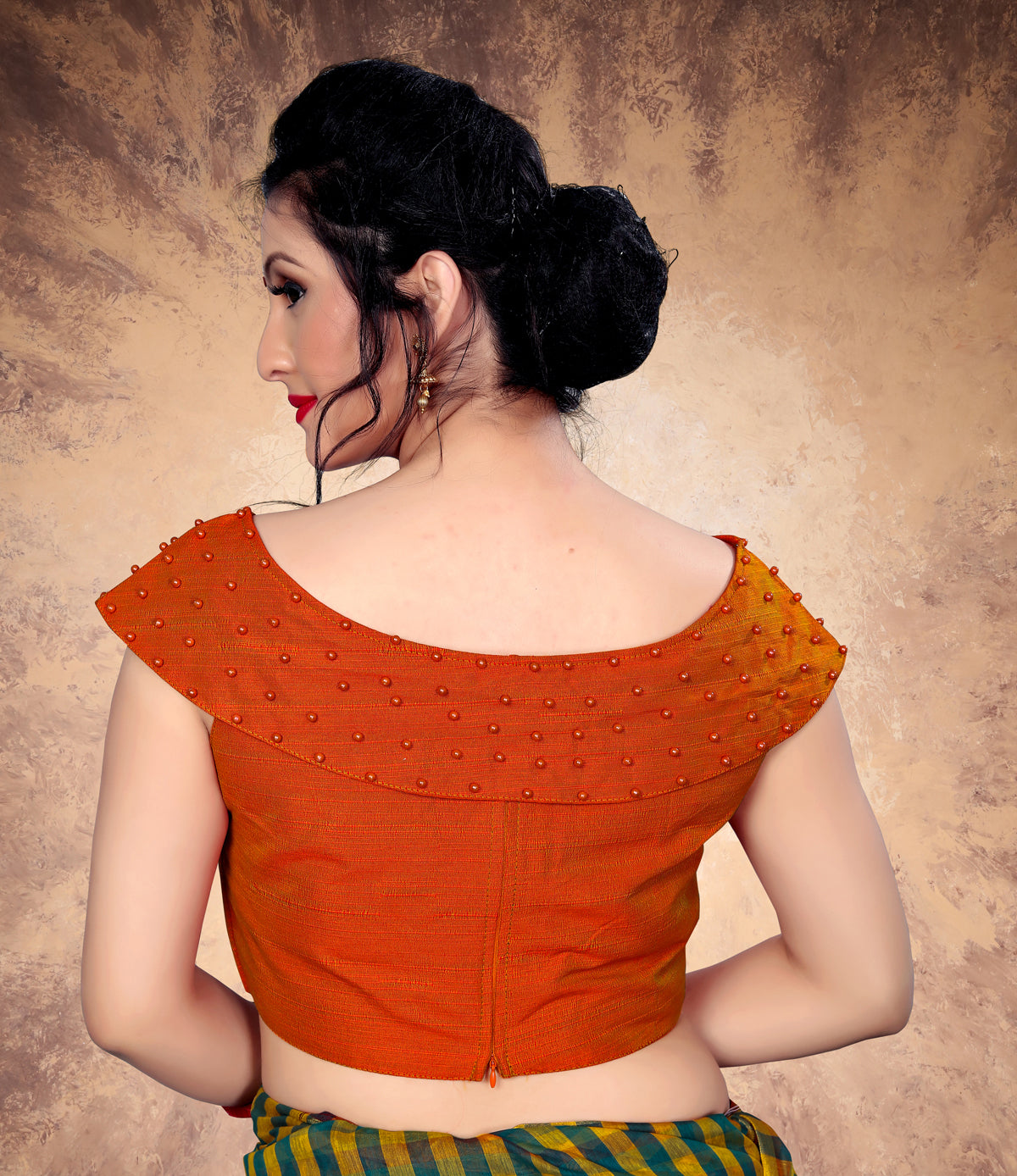 Innovative Orange Color Moti Work Stitched Malabari Silk Blouse