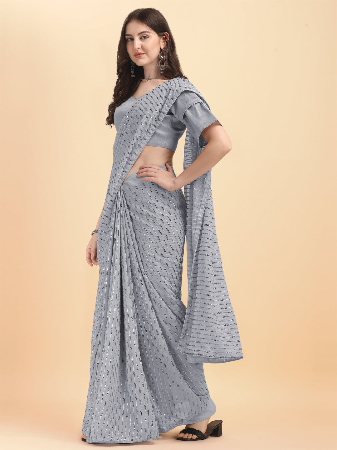 Party Wear Grey Color Sequence Work Saree