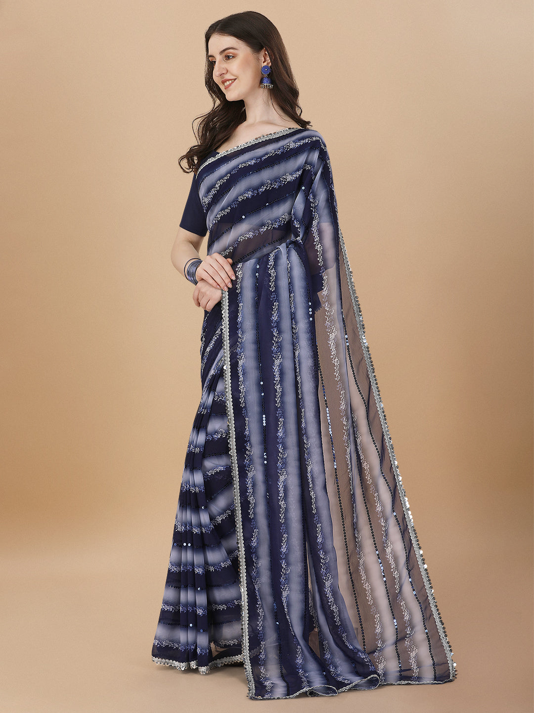 Navy Blue Color Sequence Work Printed Stylish Saree