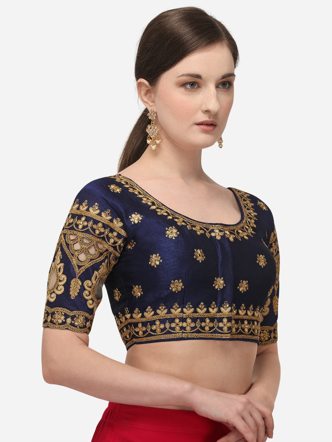 Exotic  Navy Blue Color Round Neck Embroidery Work Silk Blouse
