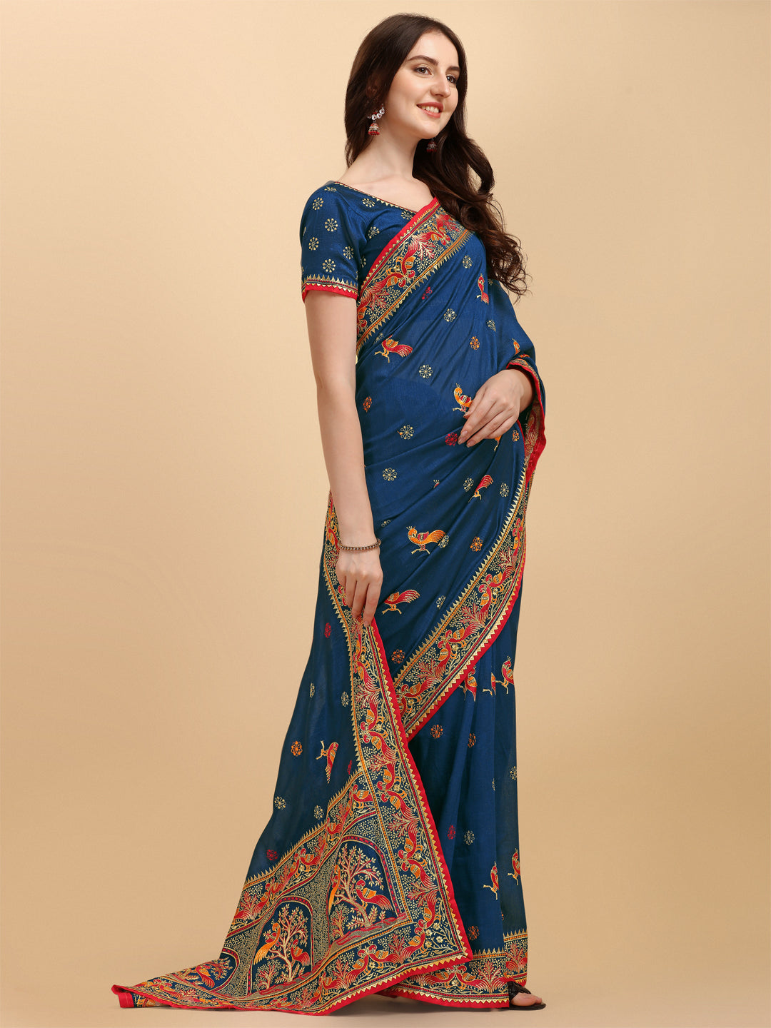Party Wear Navy Blue Color Embroidered Work Vichitra Silk Saree