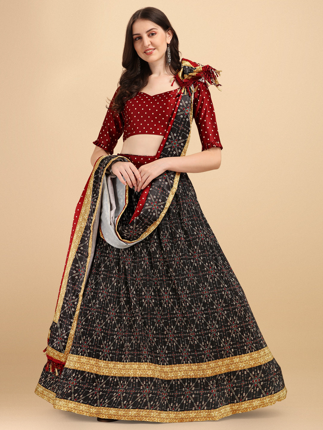 Classic Black & Maroon Digital Printed Color Crushed Lehenga Choli