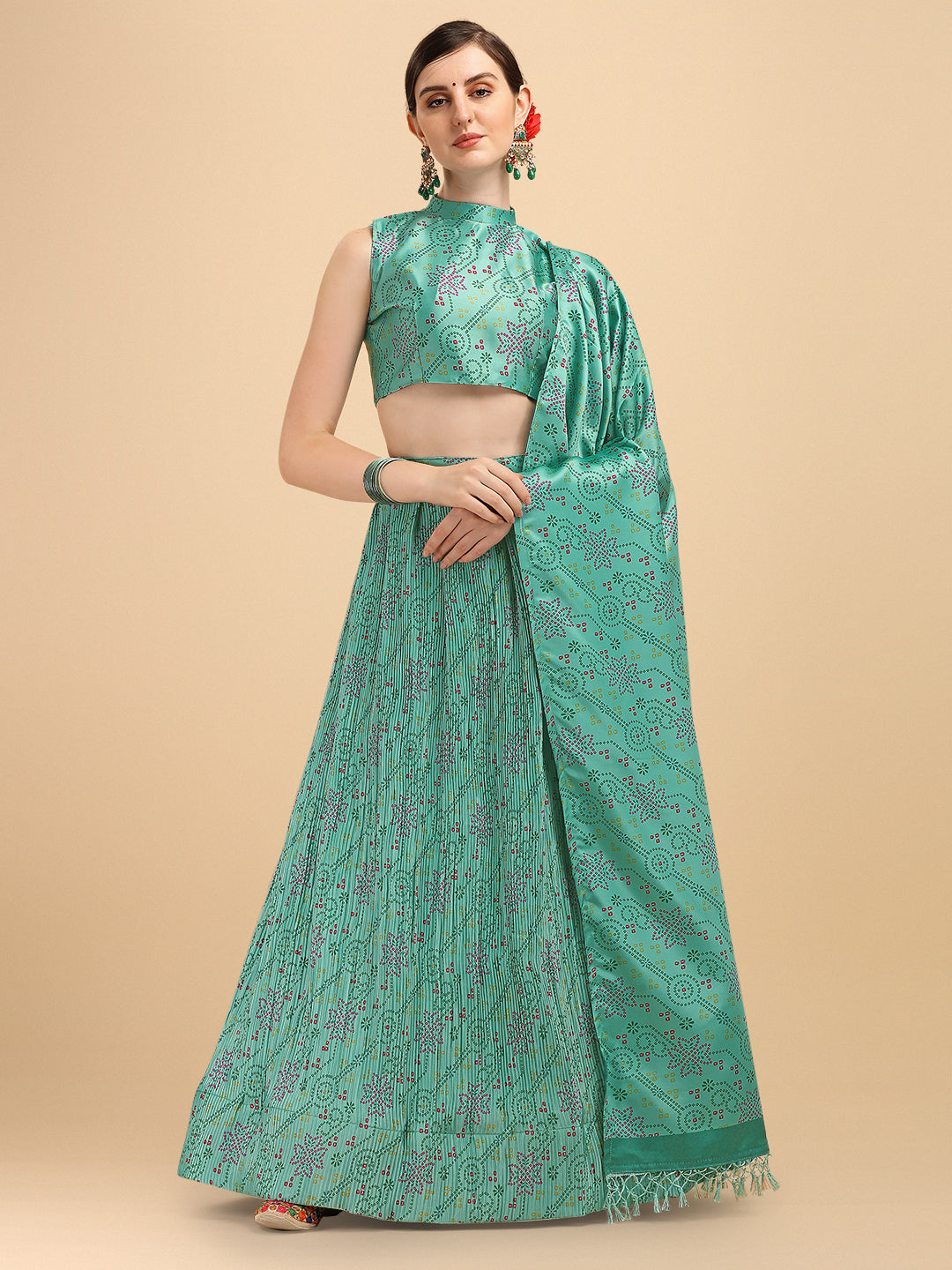 Digital Printed Turquoise Color Crushed Lehenga Choli