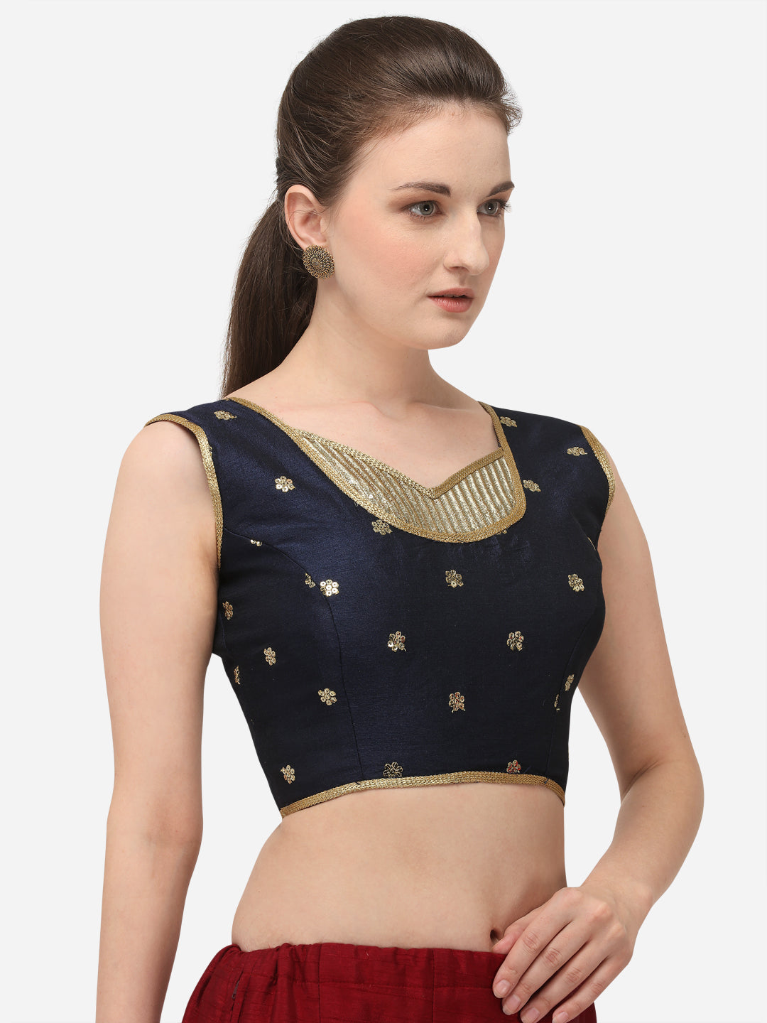 Amazing Navy Blue Color Embroidery Work Silk Blouse