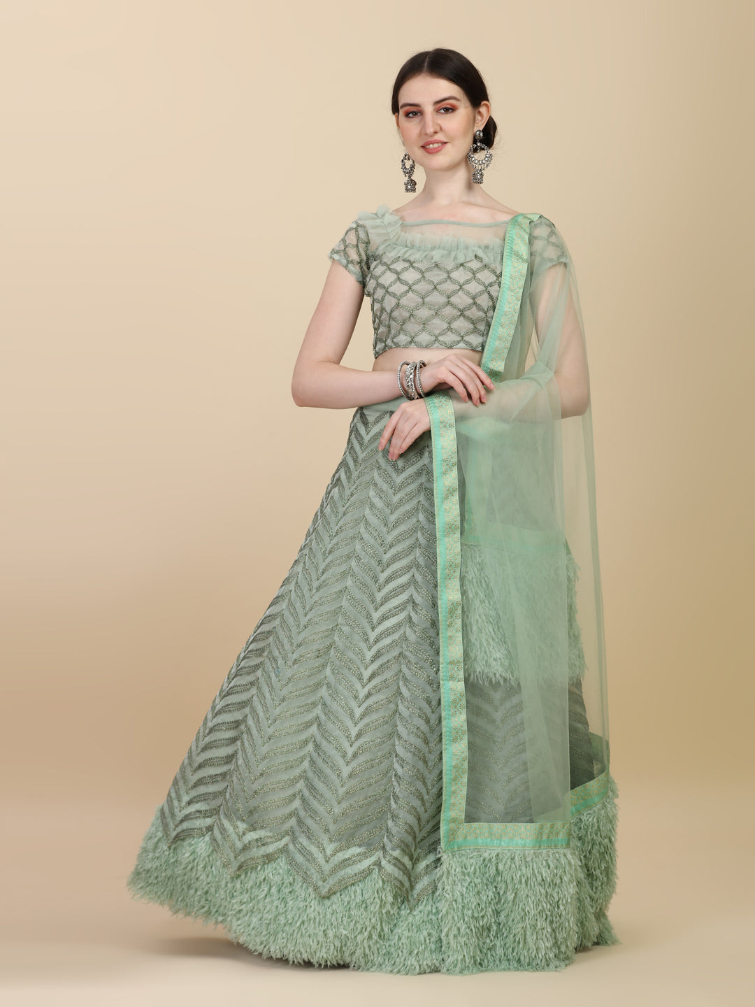 Fancy Dusty Green Color Designer Net And Fur Lehenga Choli