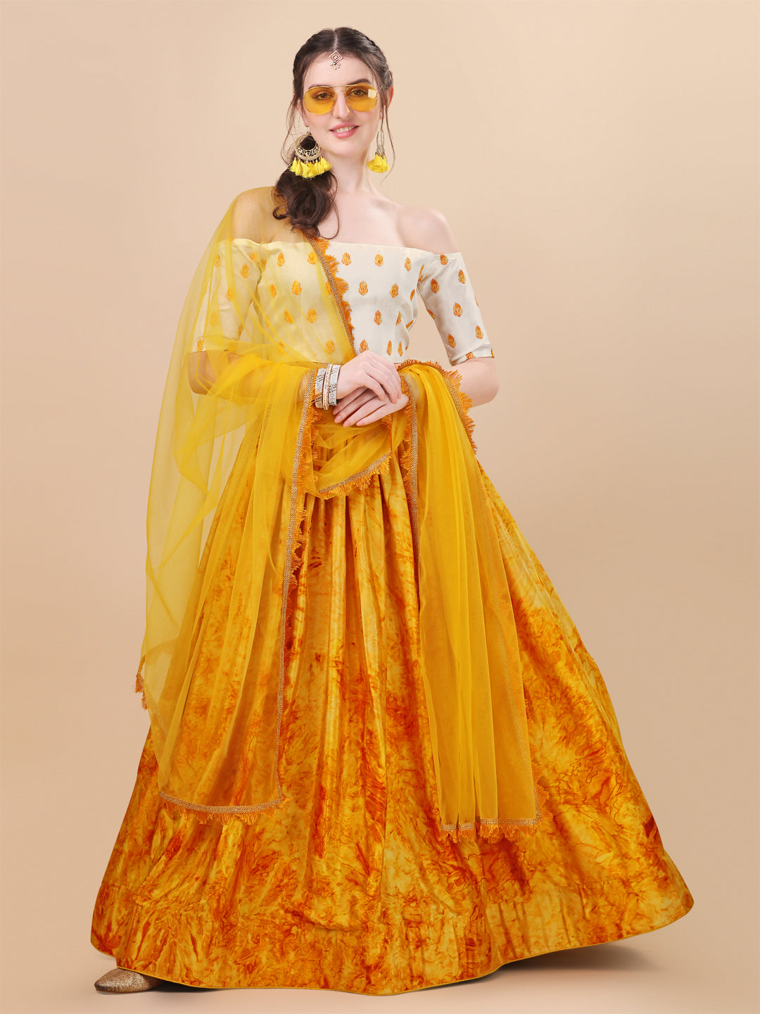 Digital Printed Yellow Color Silk Lehenga Choli