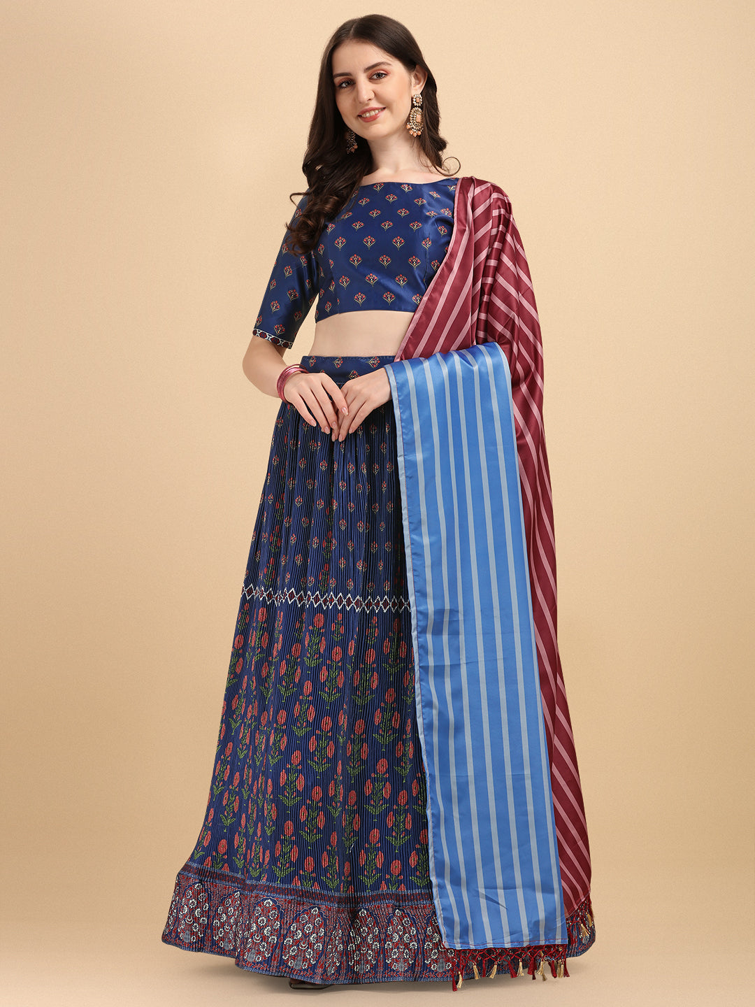 Stunning Navy Blue Color Digital Printed  Crushed Lehenga Choli