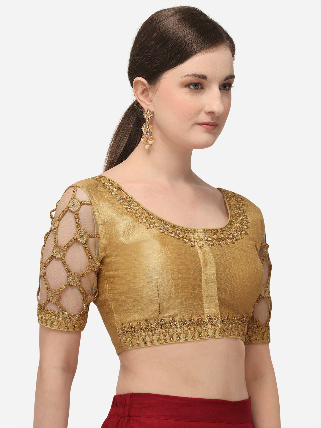 Glorious Beige & Gold-Coloured Embroidered Phantom Silk Blouse