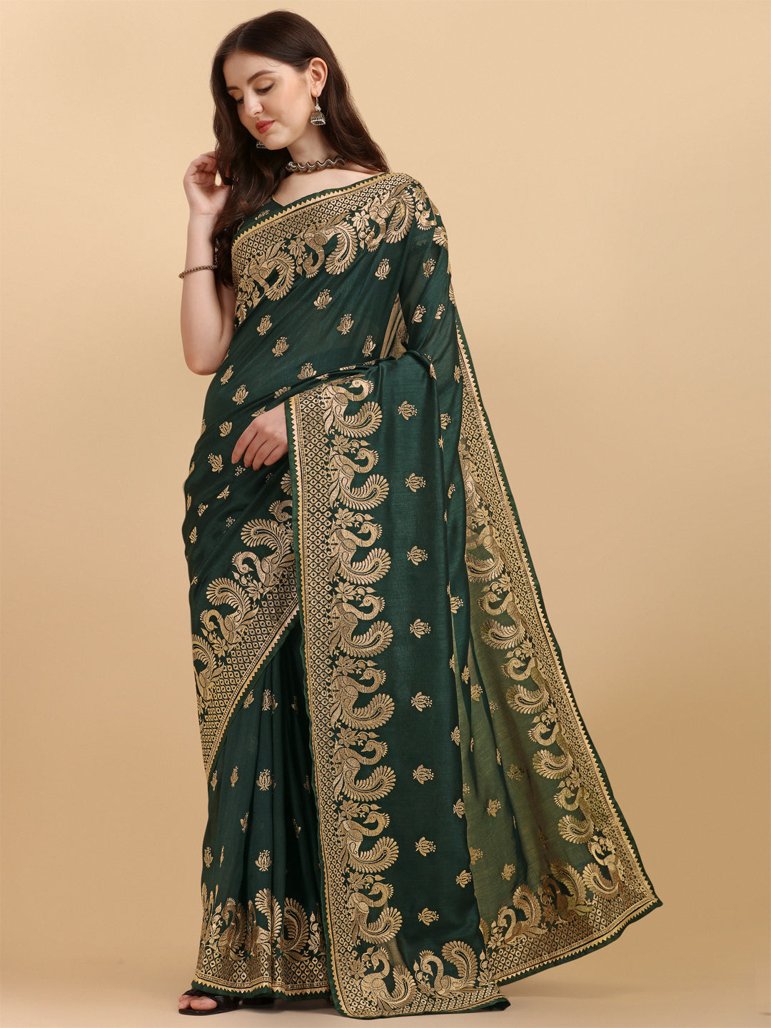 Party Wear Bottle Green Color Embroidered Work Vichitra Silk Saree