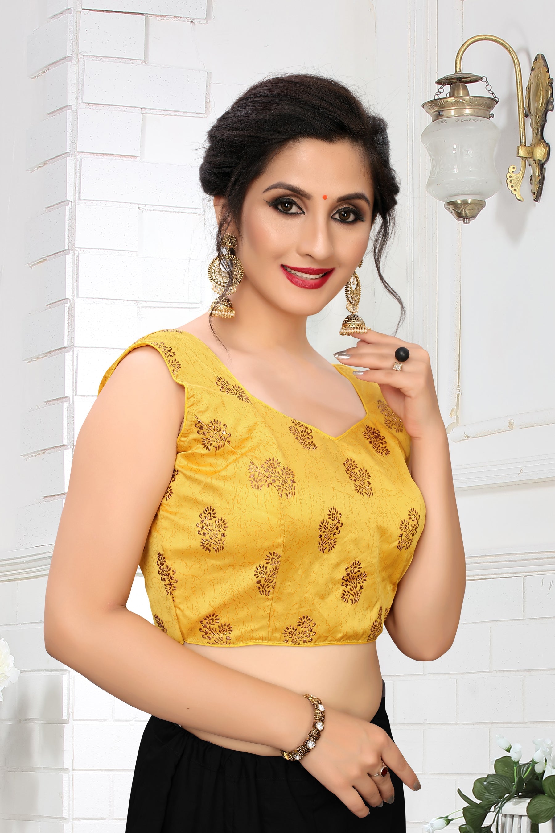 Glossy Yellow Color Imported Fabric Readymade Printed Blouse