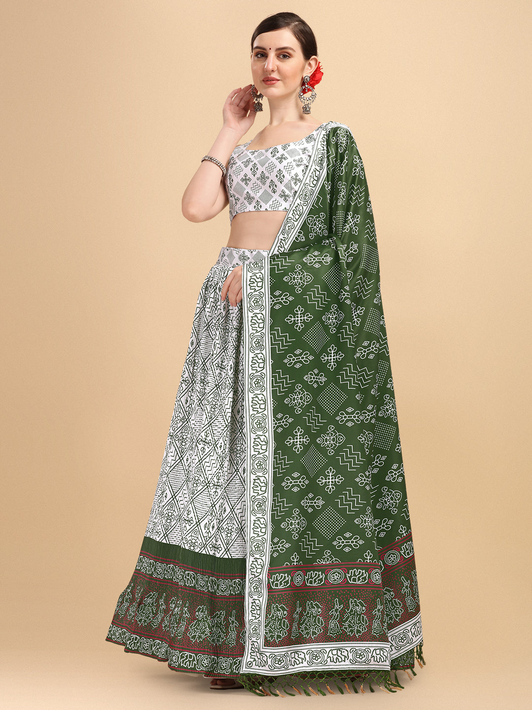 Glorious White & Green Color Digital Printed Crushed Lehenga Choli