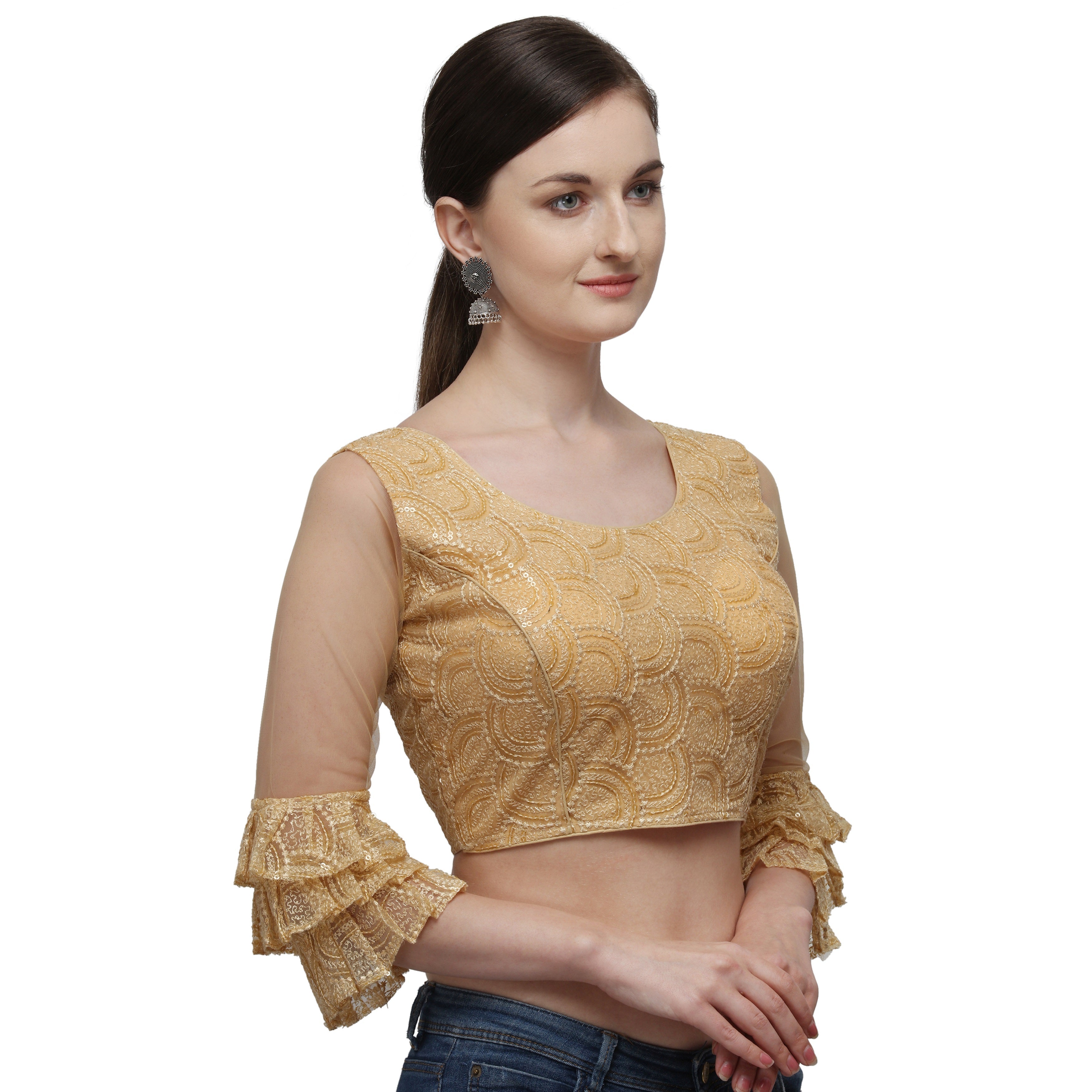 Ruffle Sleeve Beige color Embriodered Net Blouse