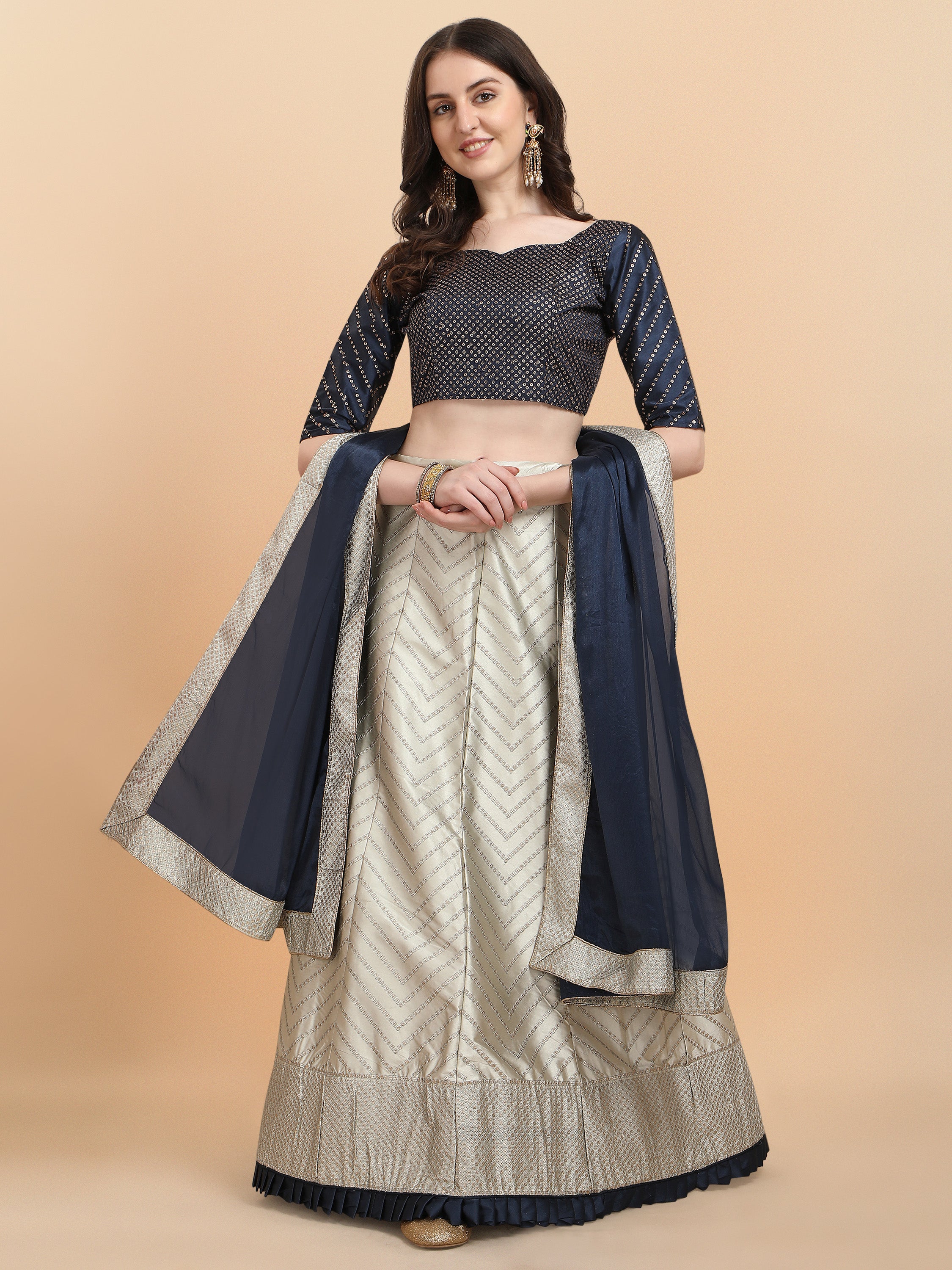 Beige With Navy Blue Color Sequence Work Satin Silk Lehenga Choli