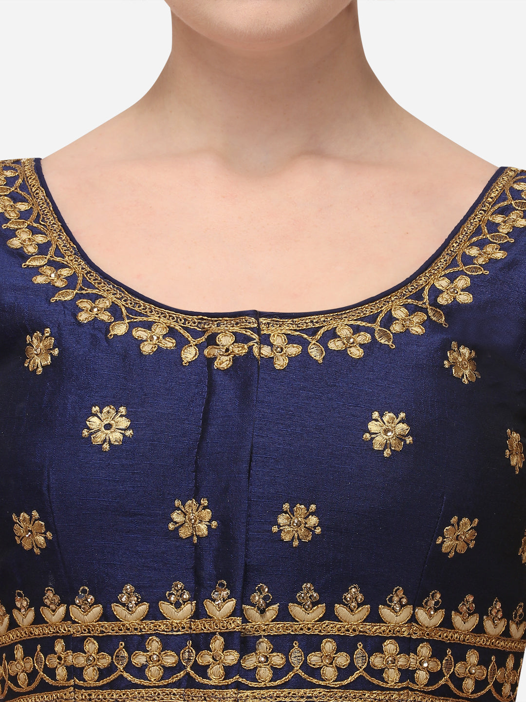 Exotic  Navy Blue Color Round Neck Embroidery Work Silk Blouse