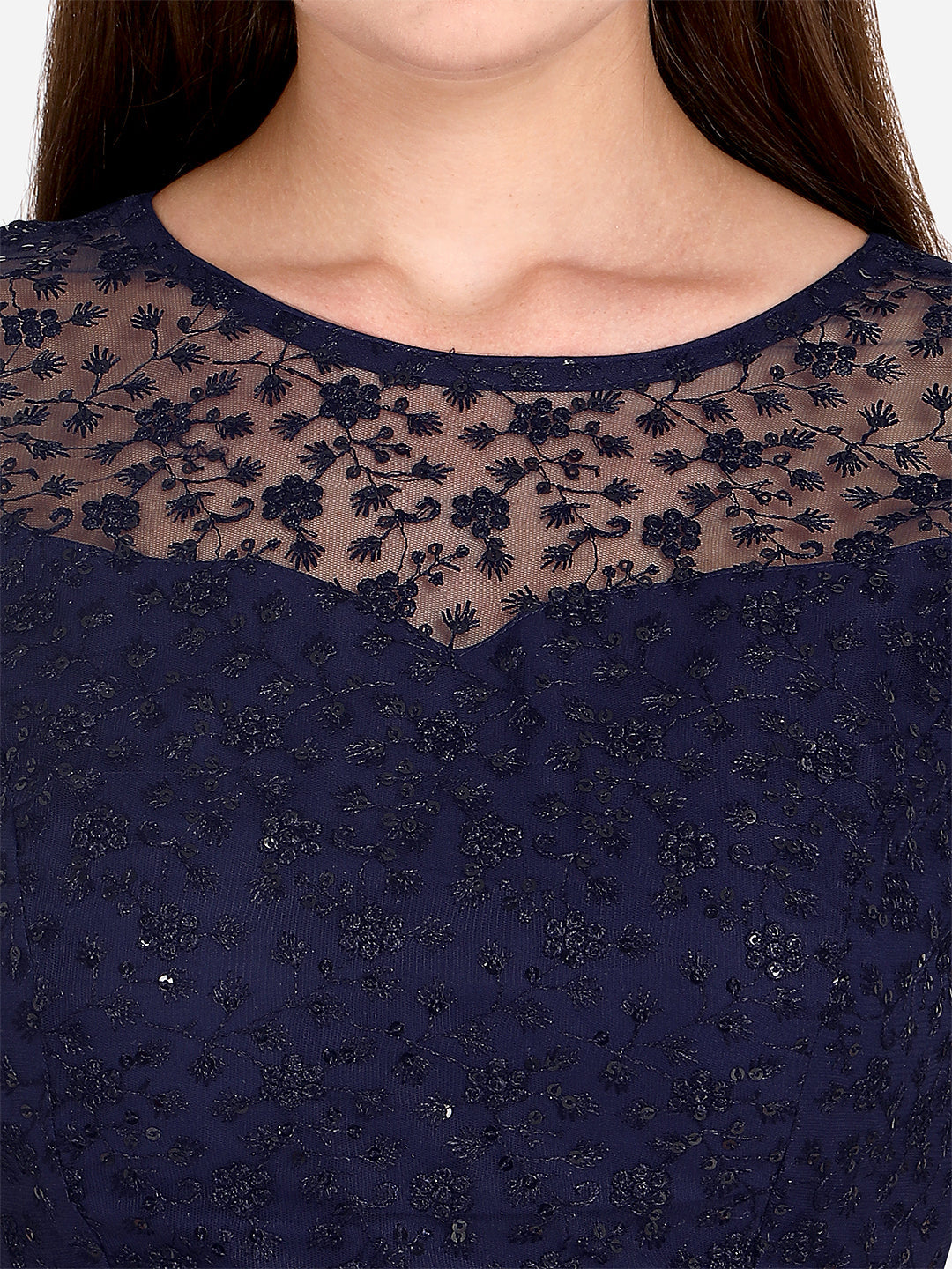 Beautiful Navy Blue Color Embroidered & Sequence Work Net Blouse