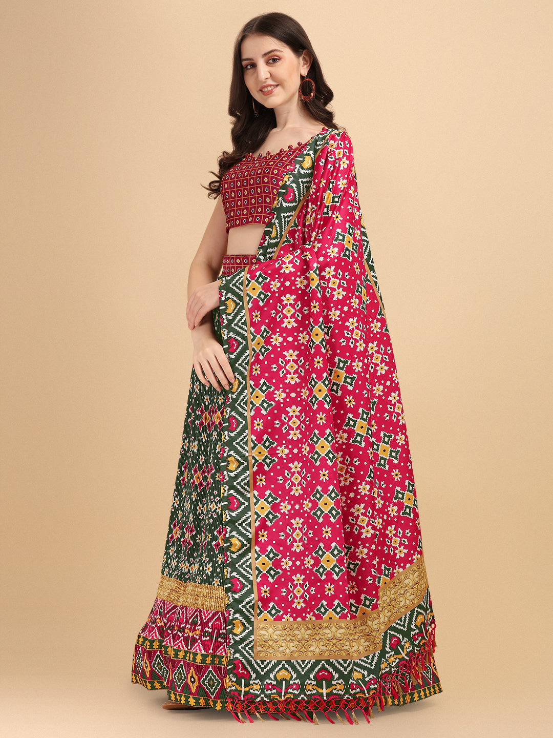 Precious Green & Maroon Color Digital Printed Crushed Lehenga Choli