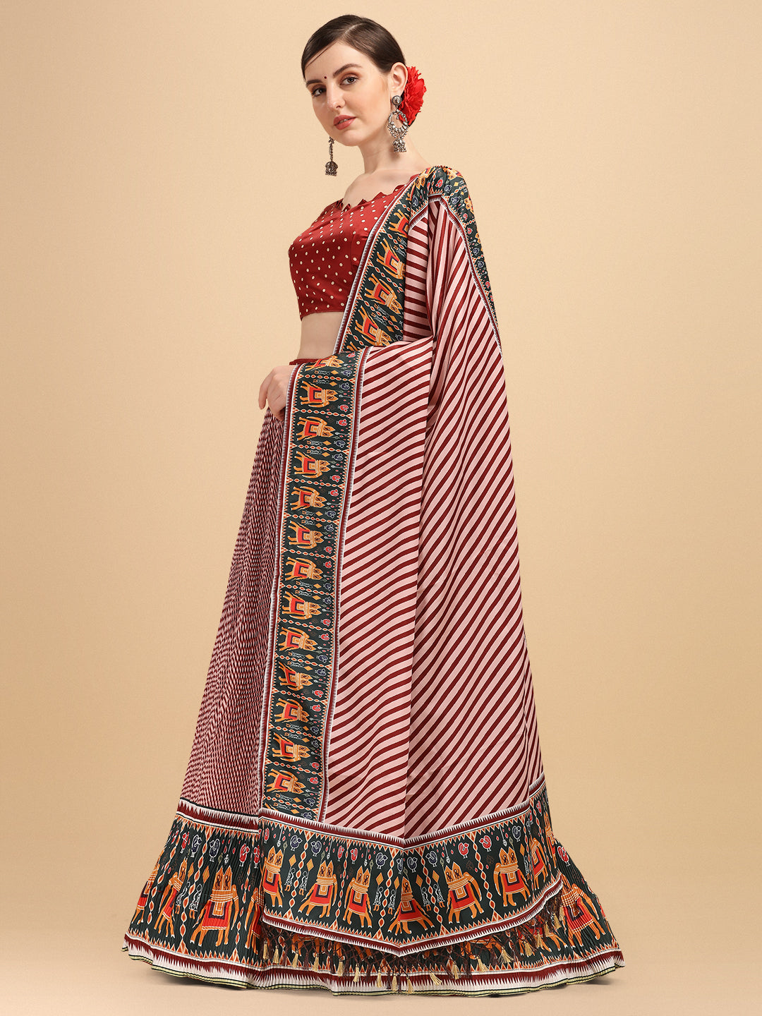 Digital Printed Maroon Color Crushed Lehenga Choli