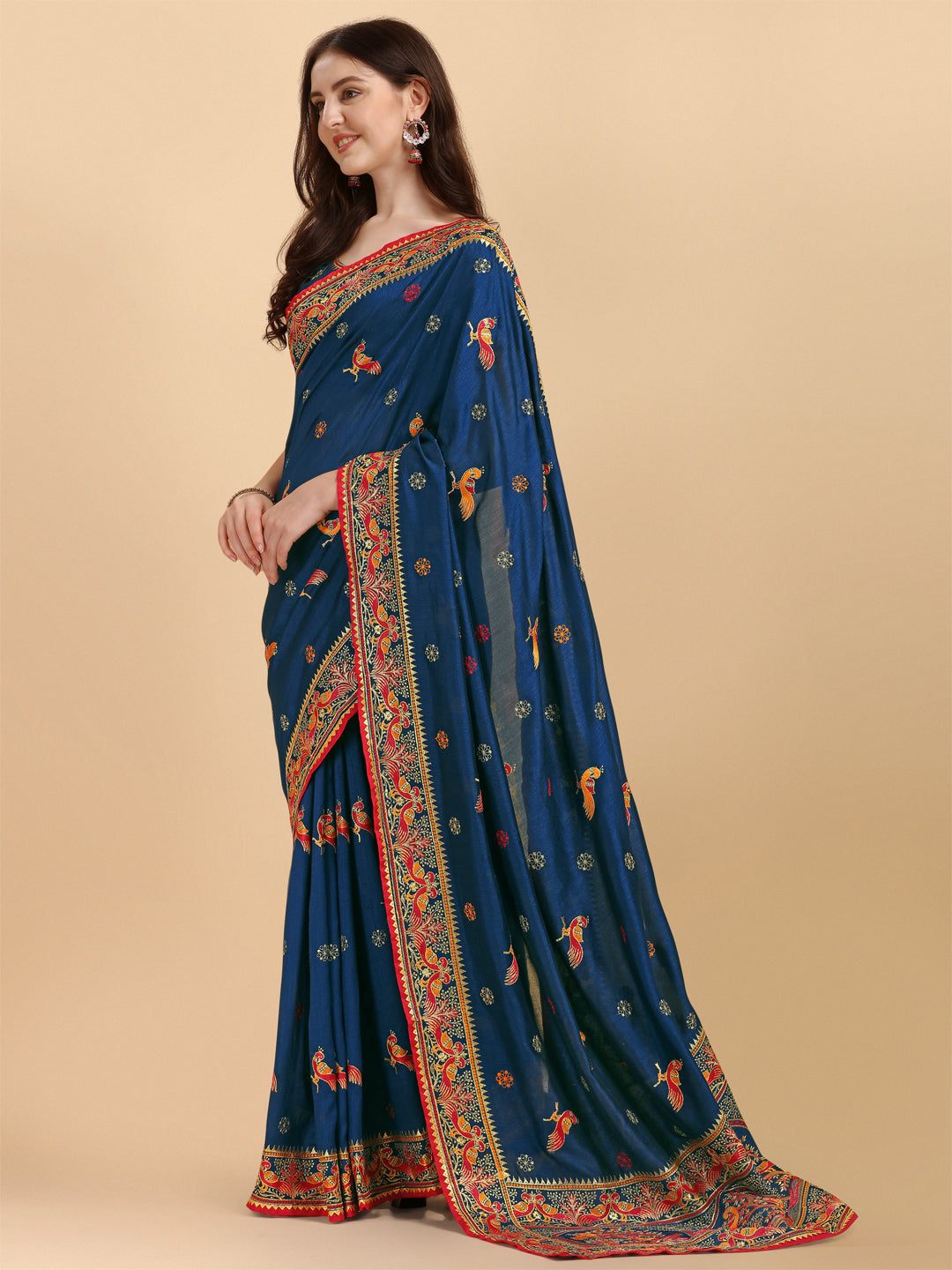 Party Wear Navy Blue Color Embroidered Work Vichitra Silk Saree