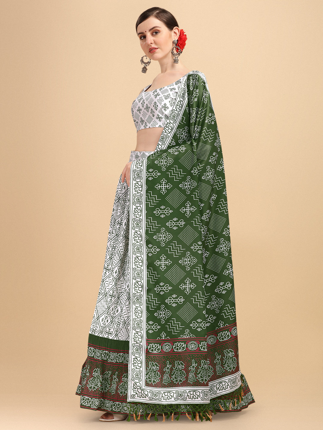 Glorious White & Green Color Digital Printed Crushed Lehenga Choli