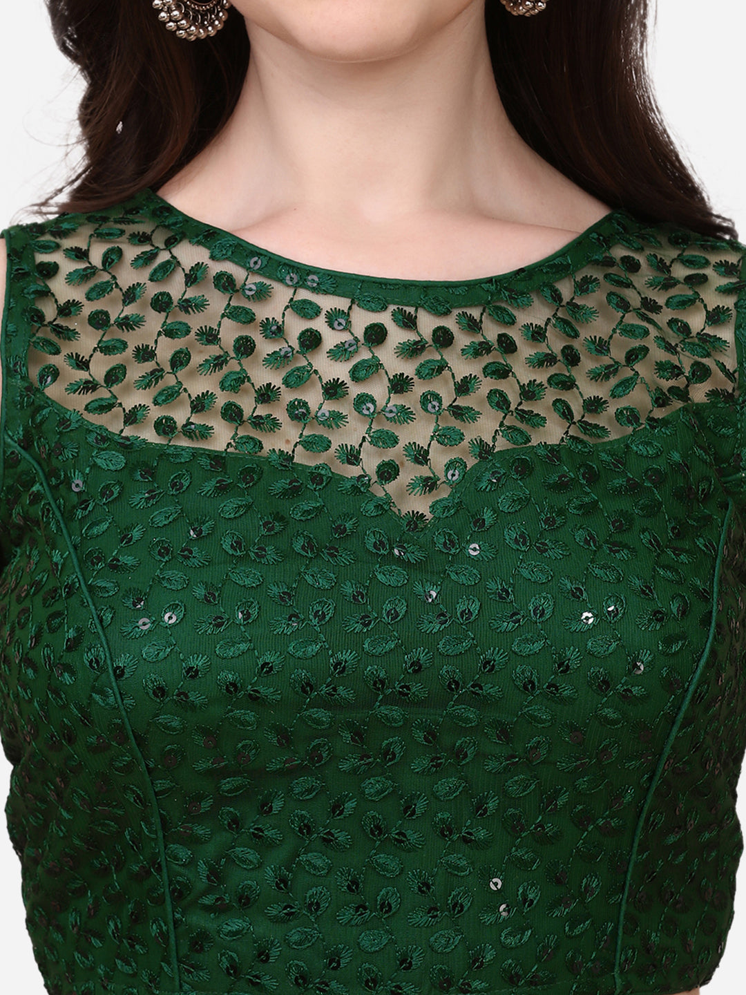 Exclusive Sequence & Embroidered Work Green Color Net Blouse