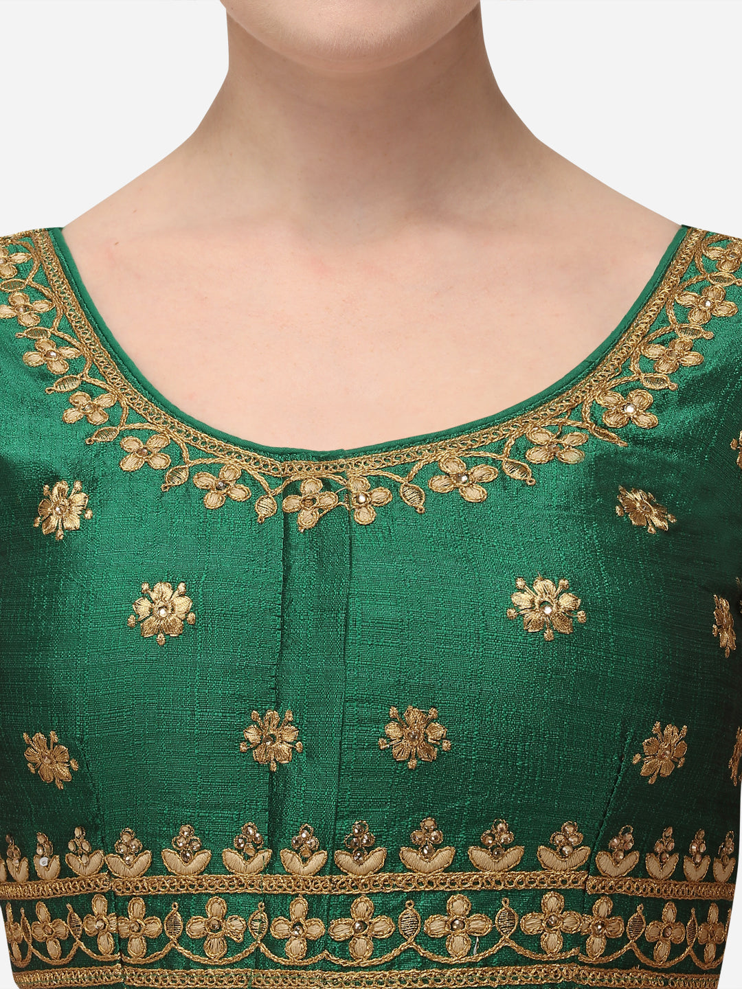 Exotic Green Color Round Neck Embroidery Work Silk Blouse