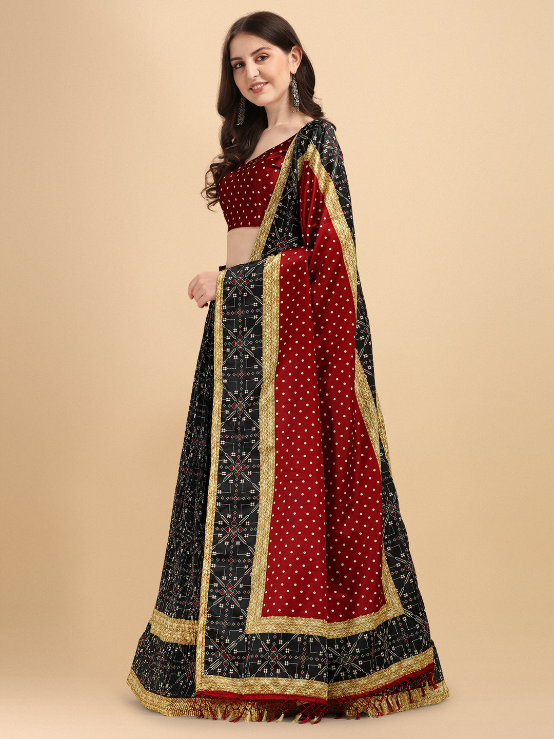 Classic Black & Maroon Digital Printed Color Crushed Lehenga Choli