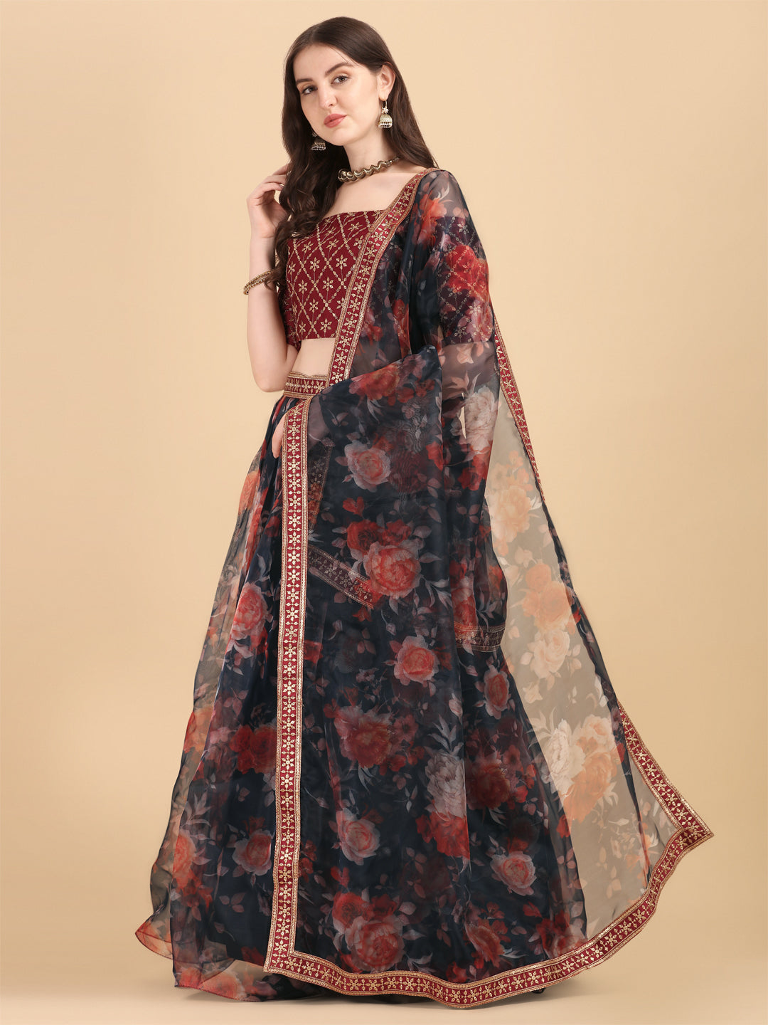 Digital Printed Navy Blue Color Organza Lehenga Choli