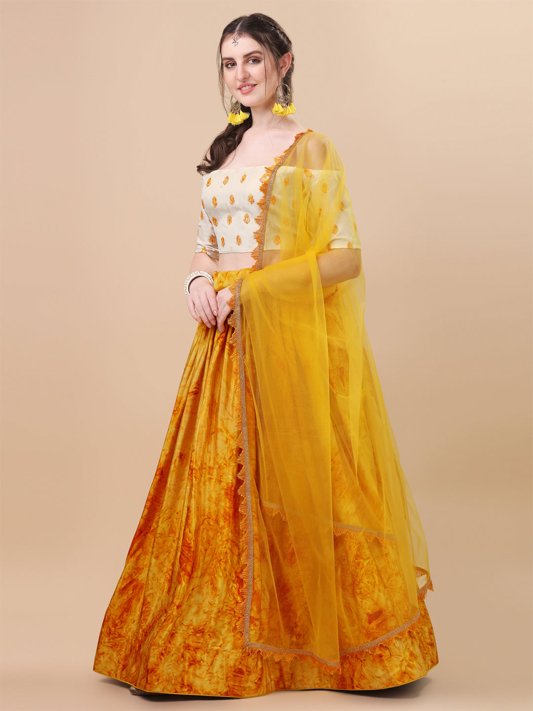 Digital Printed Yellow Color Silk Lehenga Choli