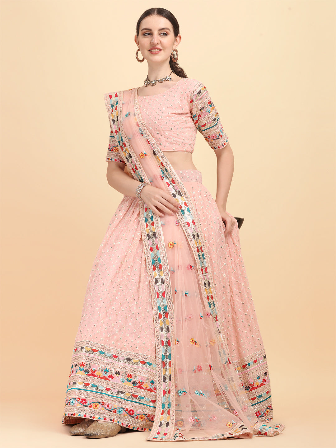 Peach Color Thread Sequence Work  Lehenga Choli