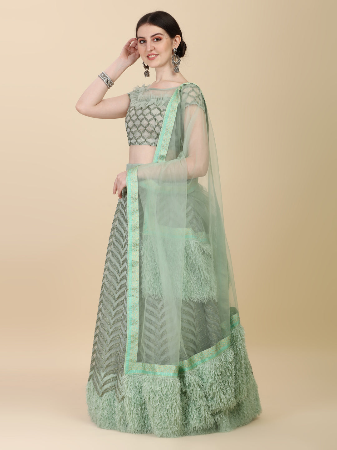 Fancy Dusty Green Color Designer Net And Fur Lehenga Choli